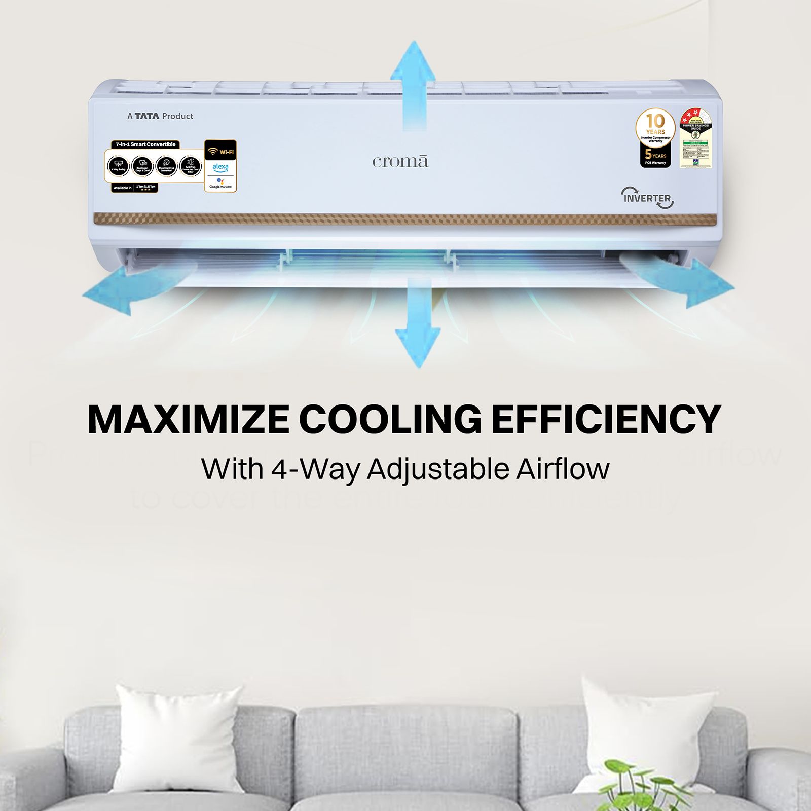 Croma 7 in 1 Convertible 1.5 Ton 3 Star Inverter Split Smart AC with Voice Assistant (Copper Condenser, CRLAS18IND170276) Croma 7 in 1 Convertible 1.5 Ton 3 Star Inverter Split Smart AC with Voice Assistant (Copper Condenser, CRLAS18IND170276)_7