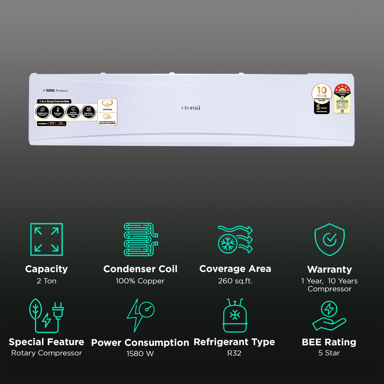 Croma 7 in 1 Convertible 2 Ton 5 Star Inverter Split AC with PM 2.5 Filter (2025 Model, Copper Condenser, CRLA024INF170279)_3
