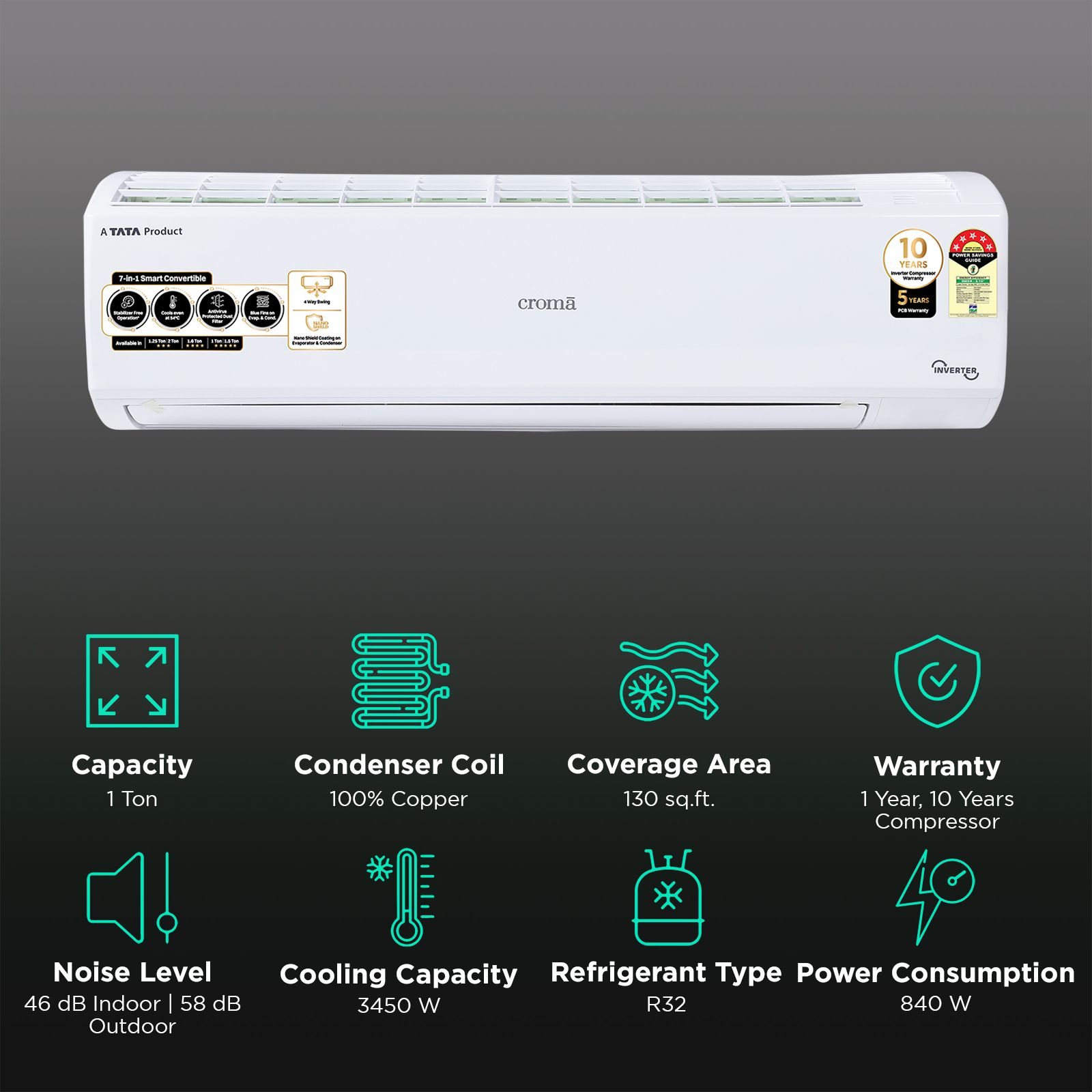 Croma 7 in 1 Convertible 1 Ton 5 Star Inverter Split AC with Antiviral protection (2025 Model, Copper Condenser, CRLA012INF170273) Croma 7 in 1 Convertible 1 Ton 5 Star Inverter Split AC with Antiviral protection (2025 Model, Copper Condenser, CRLA012INF170273)_2