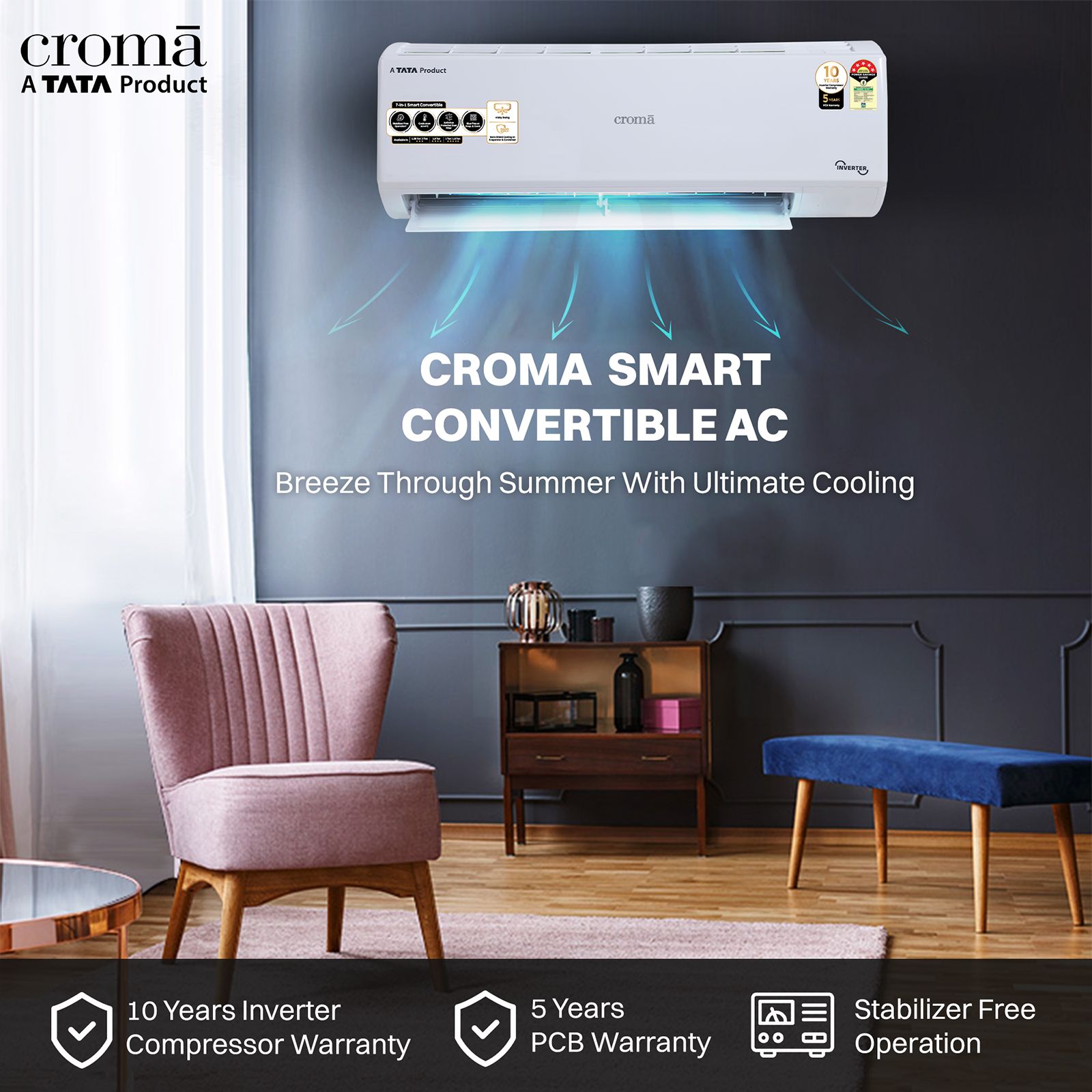 Croma 7 in 1 Convertible 1 Ton 5 Star Inverter Split AC with Antiviral protection (2025 Model, Copper Condenser, CRLA012INF170273) Croma 7 in 1 Convertible 1 Ton 5 Star Inverter Split AC with Antiviral protection (2025 Model, Copper Condenser, CRLA012INF170273)_5