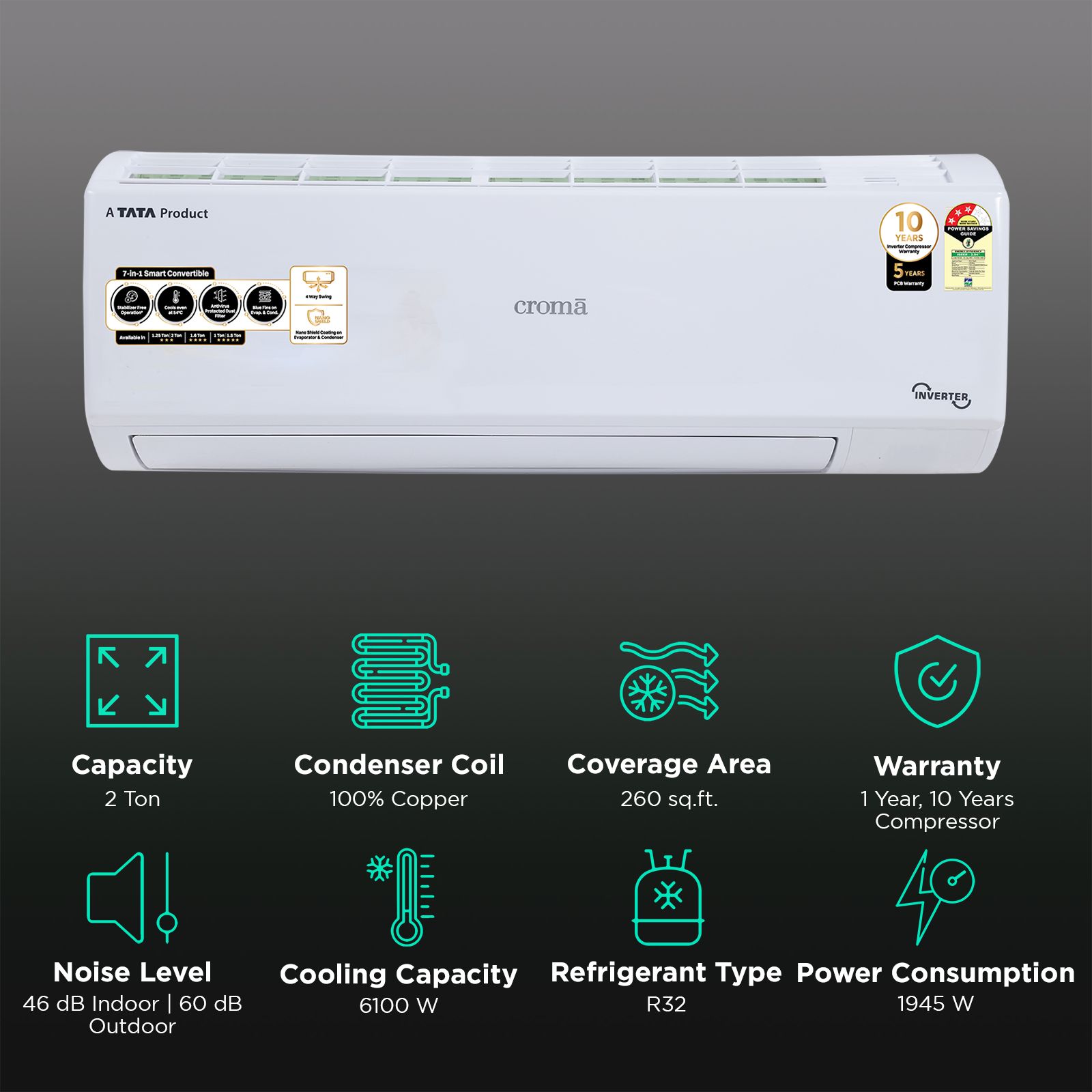 Croma 7 in 1 Convertible 2 Ton 3 Star Inverter Split AC with 4 way Swing function (2025 Model, Copper Condenser, CRLA024IND170281) Croma 7 in 1 Convertible 2 Ton 3 Star Inverter Split AC with 4 way Swing function (2025 Model, Copper Condenser, CRLA024IND170281)_2