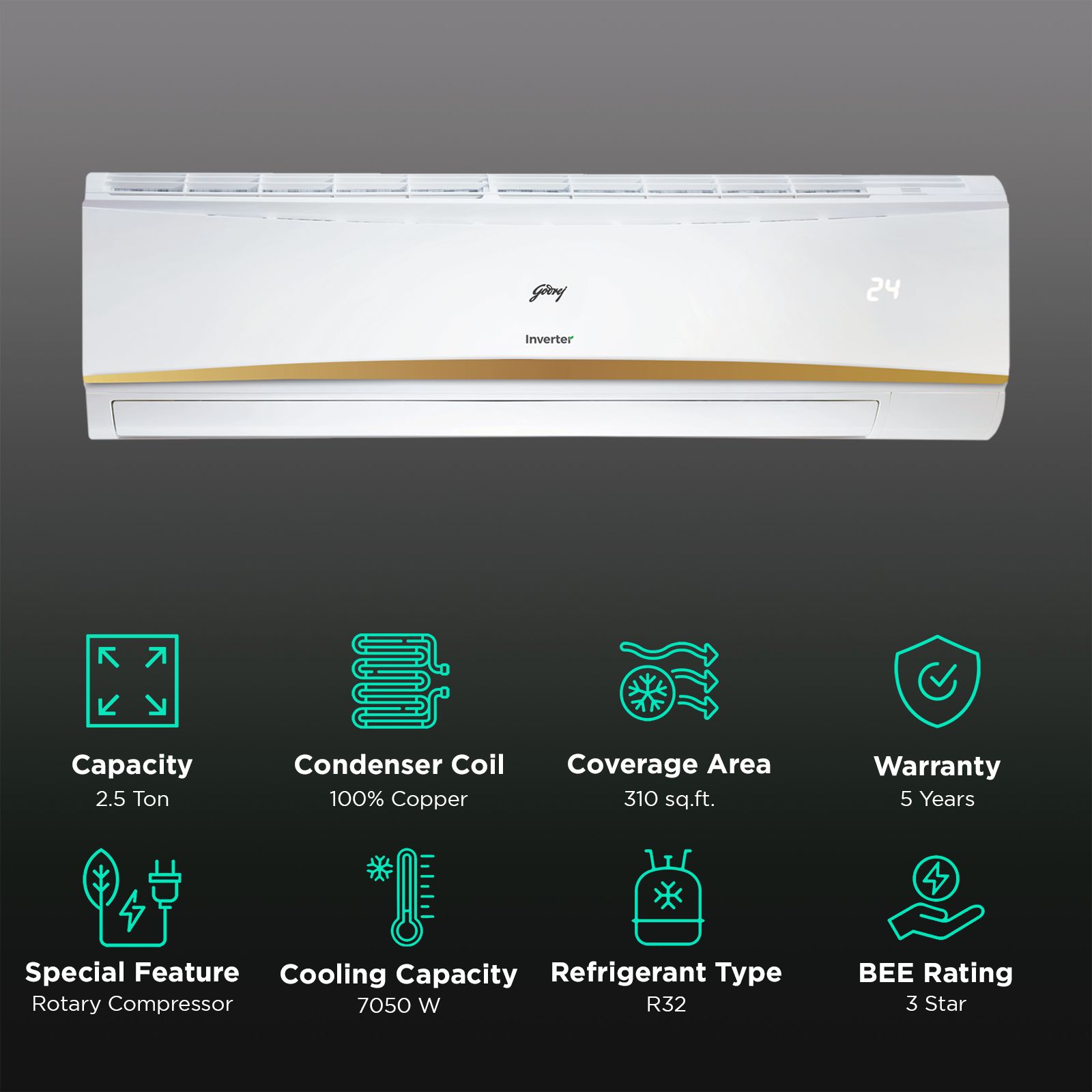 Godrej Turbo Chill Series Convertible 2.5 Ton 3 Star Inverter Split AC with Anti Freeze Thermostat (Copper Condenser, 40101701SD01301) Godrej Turbo Chill Series Convertible 2.5 Ton 3 Star Inverter Split AC with Anti Freeze Thermostat (Copper Condenser, 40101701SD01301)_3