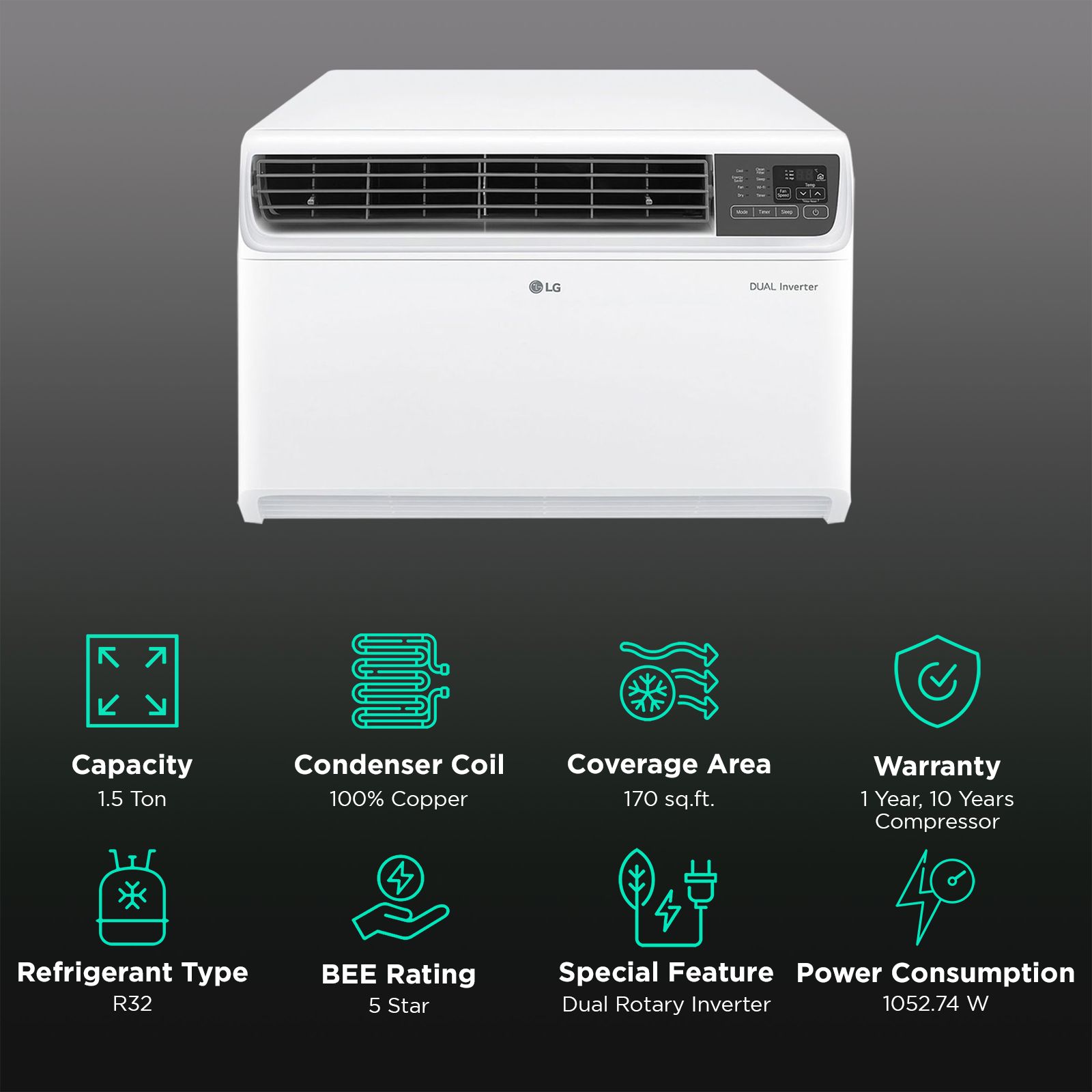 LG 4 in 1 Convertible 1.5 Ton 5 Star Dual Inverter Window AC with Ocean Black Protection (2025 Model, Copper Condenser, 18WWZA.ASLG)_3