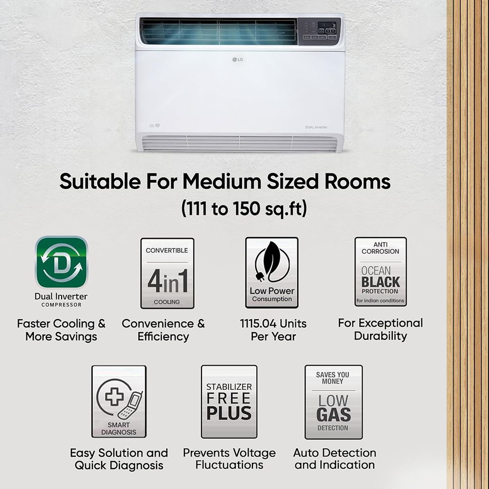 LG 4 in 1 Convertible 1.5 Ton 3 Star Dual Inverter Window AC with 6 Step Fan Speed (2025 Model, Copper Condenser, 18WUXA.ASLG) LG 4 in 1 Convertible 1.5 Ton 3 Star Dual Inverter Window AC with 6 Step Fan Speed (2025 Model, Copper Condenser, 18WUXA.ASLG)_21