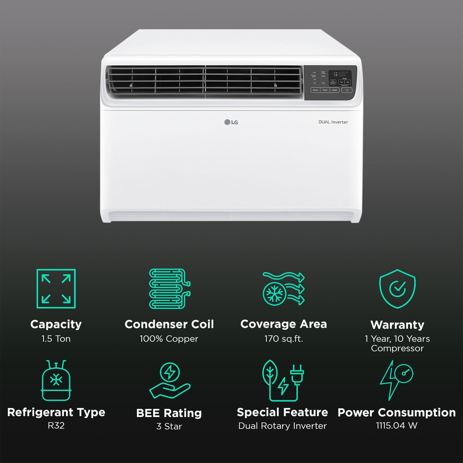 LG 4 in 1 Convertible 1.5 Ton 3 Star Dual Inverter Window AC with 6 Step Fan Speed (2025 Model, Copper Condenser, 18WUXA.ASLG) LG 4 in 1 Convertible 1.5 Ton 3 Star Dual Inverter Window AC with 6 Step Fan Speed (2025 Model, Copper Condenser, 18WUXA.ASLG)_3