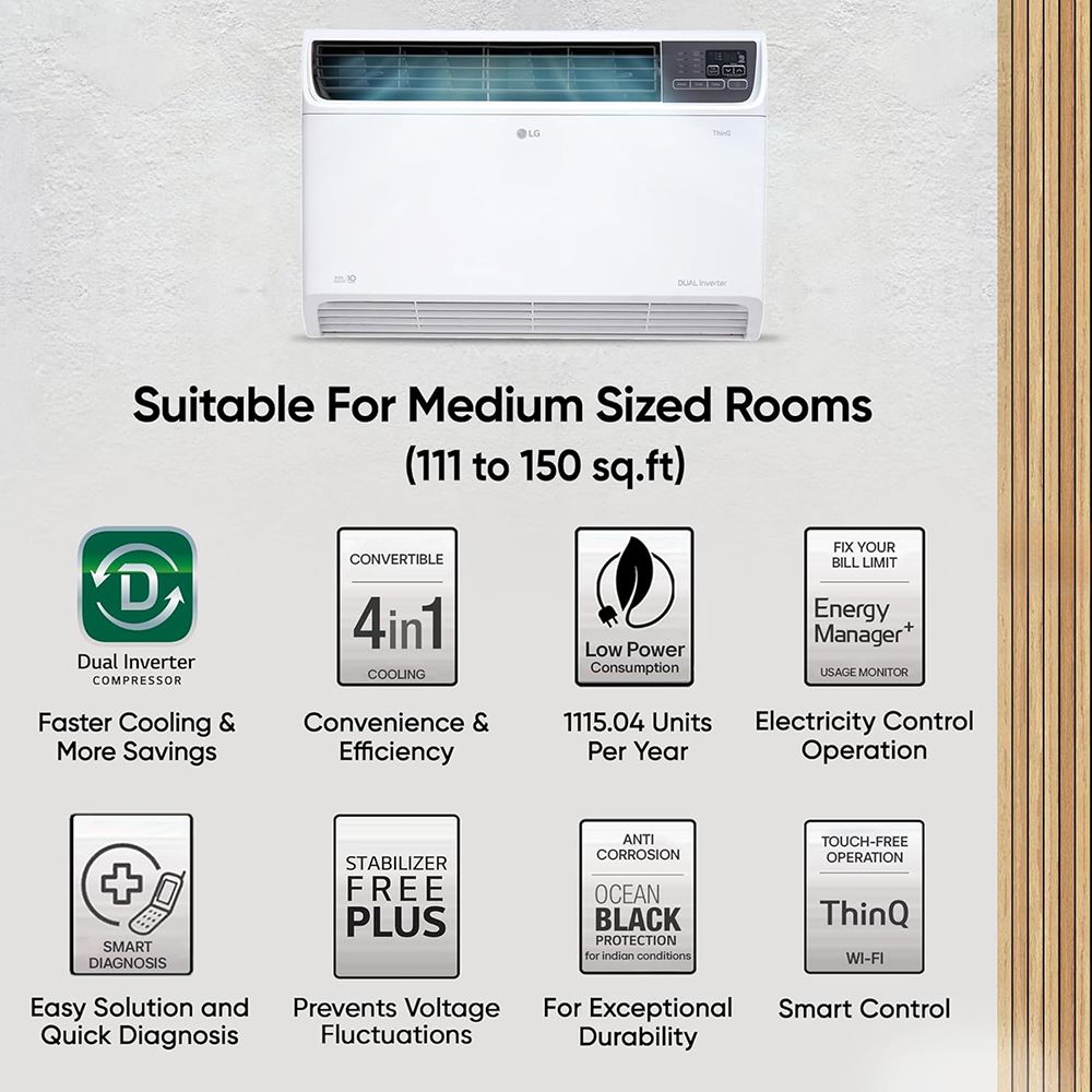 LG 4 in 1 Convertible 1.5 Ton 3 Star Dual Inverter Window AC with Ocean Black Protection (2025 Model, Copper Condenser, 18WWXA.ASLG) LG 4 in 1 Convertible 1.5 Ton 3 Star Dual Inverter Window AC with Ocean Black Protection (2025 Model, Copper Condenser, 18WWXA.ASLG)_19