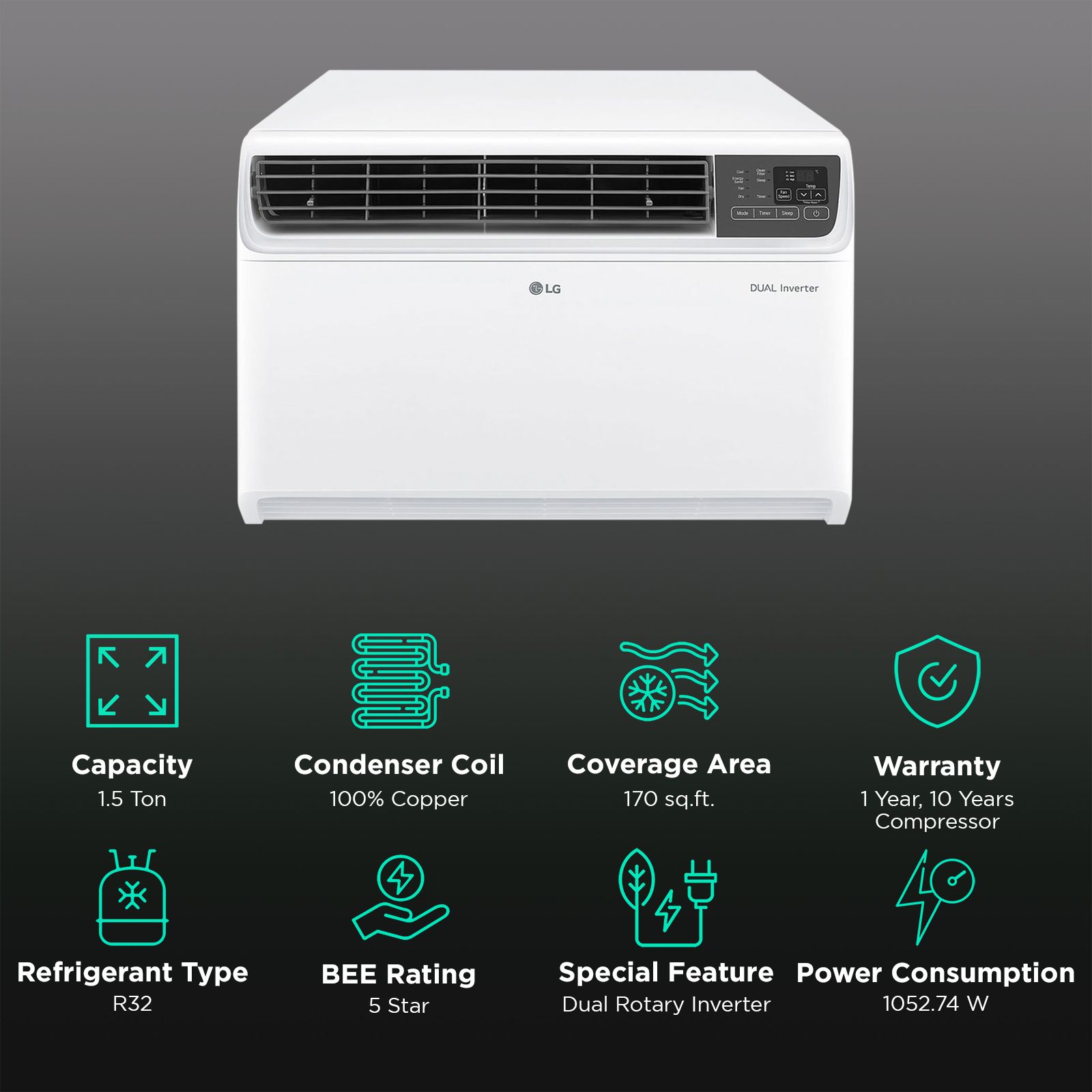 LG 4 in 1 Convertible 1.5 Ton 5 Star Dual Inverter Window AC with Ocean Black Protection (2025 Model, Copper Condenser, 18WUZA.ASLG) LG 4 in 1 Convertible 1.5 Ton 5 Star Dual Inverter Window AC with Ocean Black Protection (2025 Model, Copper Condenser, 18WUZA.ASLG)_3