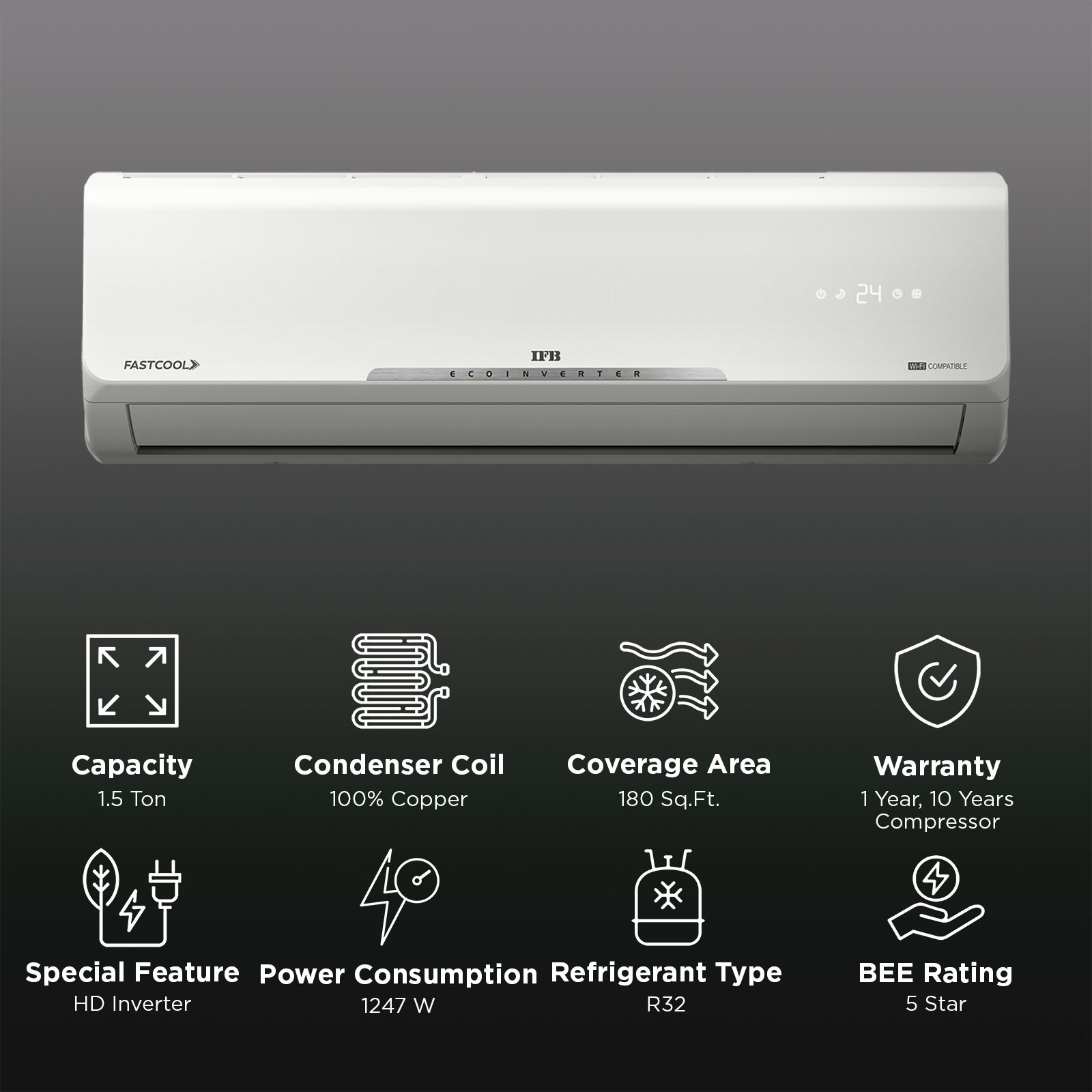 IFB Silver Star 8 in 1 Convertible 1.5 Ton 5 Star Inverter Split Smart AC with Wi-Fi Supported (Copper Condenser, CI185SS22RGN1) IFB Silver Star 8 in 1 Convertible 1.5 Ton 5 Star Inverter Split Smart AC with Wi-Fi Supported (Copper Condenser, CI185SS22RGN1)_2