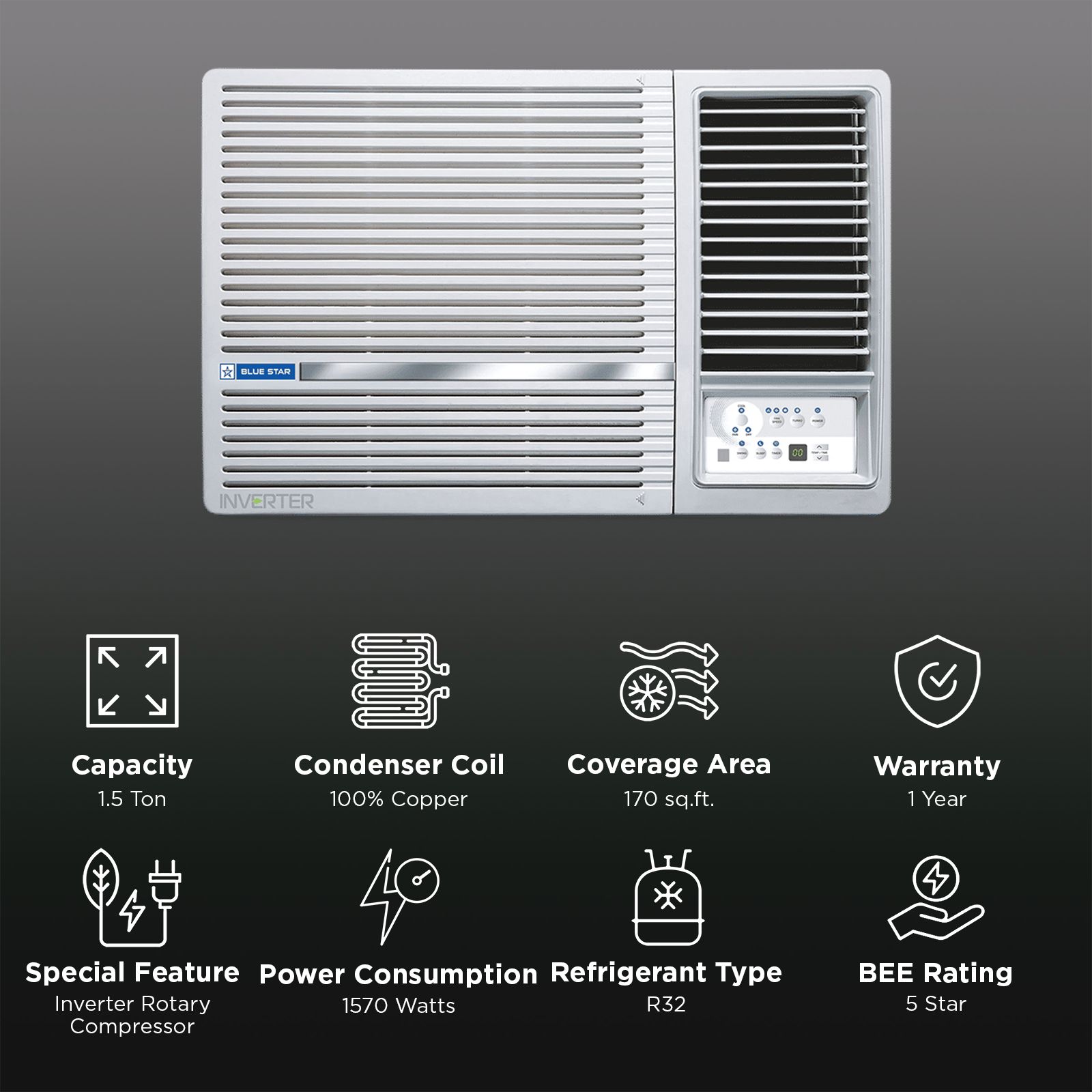 Blue Star L SERIES 1.5 Ton 5 Star Inverter Window AC (2025 Model, Copper Condenser, Dust Filters, WIE518L) Blue Star L SERIES 1.5 Ton 5 Star Inverter Window AC (2025 Model, Copper Condenser, Dust Filters, WIE518L)_2