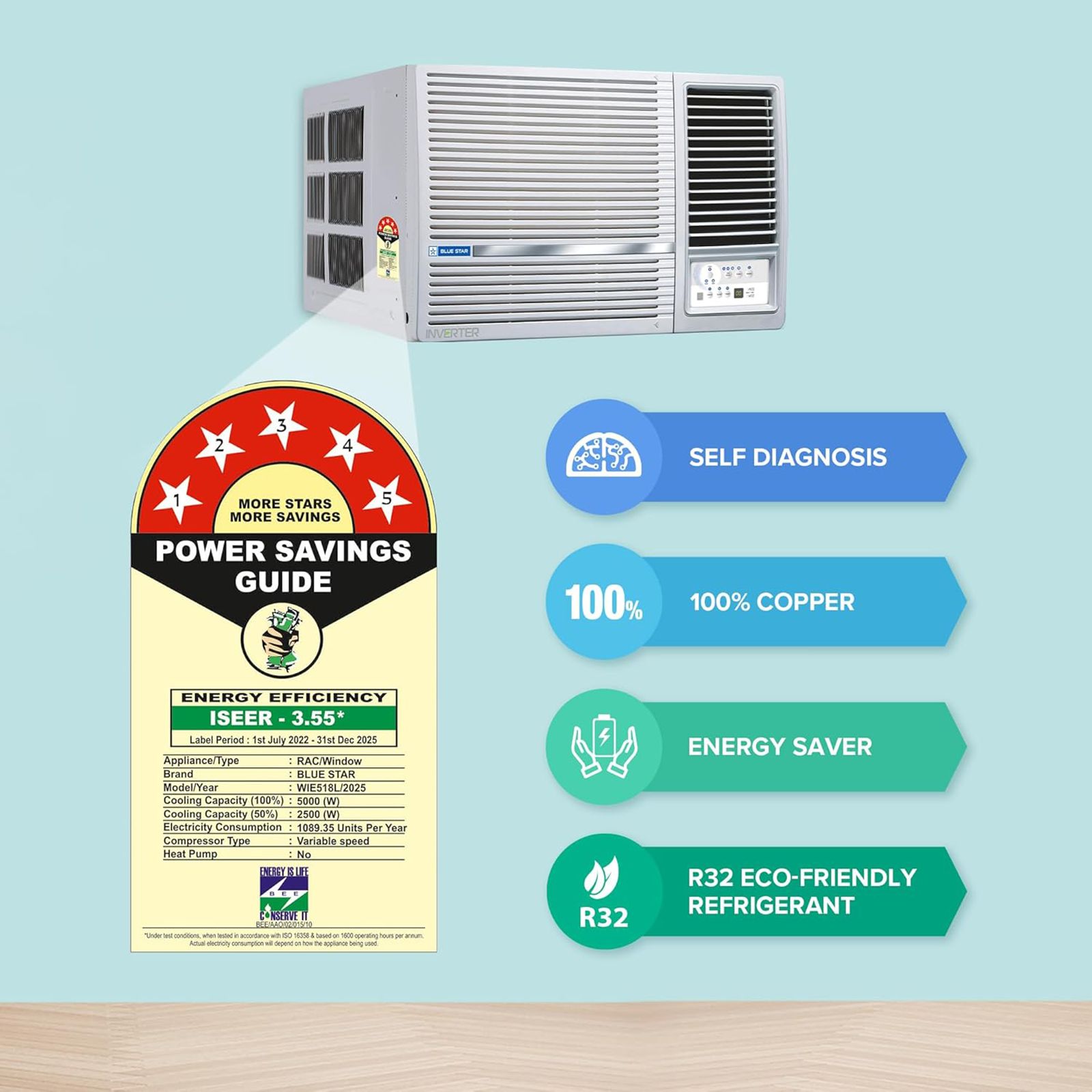 Blue Star L SERIES 1.5 Ton 5 Star Inverter Window AC (2025 Model, Copper Condenser, Dust Filters, WIE518L) Blue Star L SERIES 1.5 Ton 5 Star Inverter Window AC (2025 Model, Copper Condenser, Dust Filters, WIE518L)_8