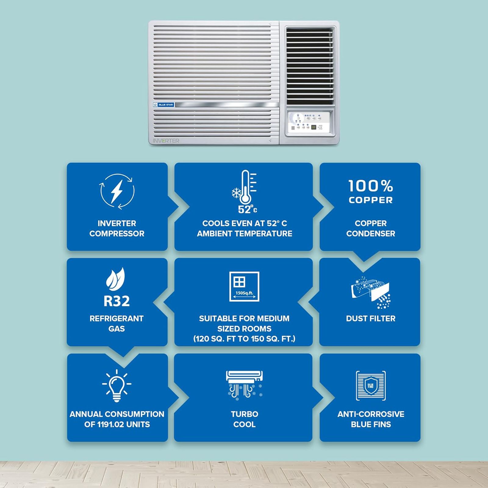 Blue Star L Series 5 in 1 Convertible 1.5 Ton 3 Star Inverter Window AC with Self Diagnosis (2025 Model, Copper Condenser, WIE318L) Blue Star L Series 5 in 1 Convertible 1.5 Ton 3 Star Inverter Window AC with Self Diagnosis (2025 Model, Copper Condenser, WIE318L)_8