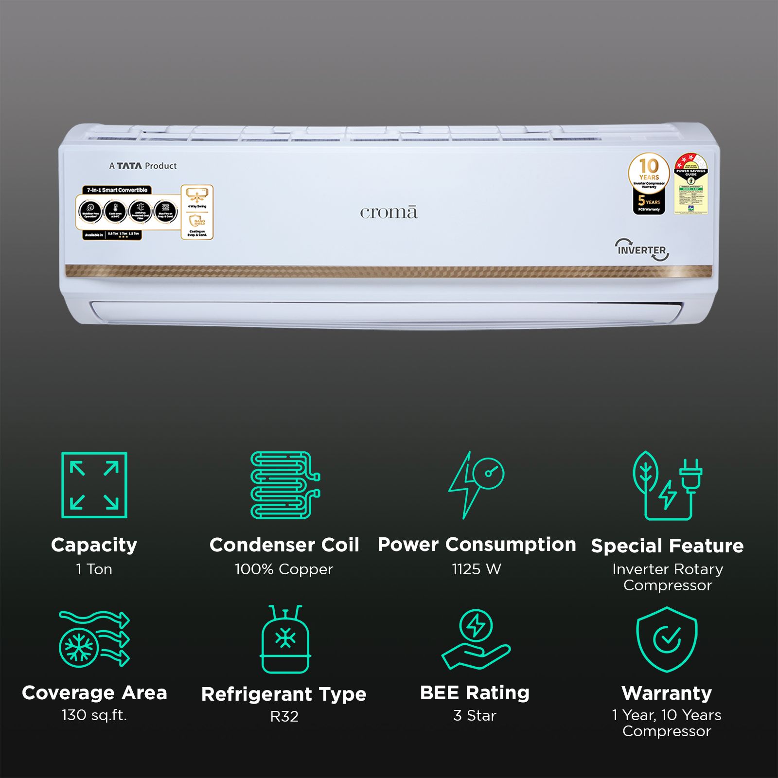 Croma 7 in 1 Convertible 1 Ton 3 Star Inverter Split AC with Temperature Sensor (2025 Model, Copper Condenser, CRLA012IND170285) Croma 7 in 1 Convertible 1 Ton 3 Star Inverter Split AC with Temperature Sensor (2025 Model, Copper Condenser, CRLA012IND170285)_3