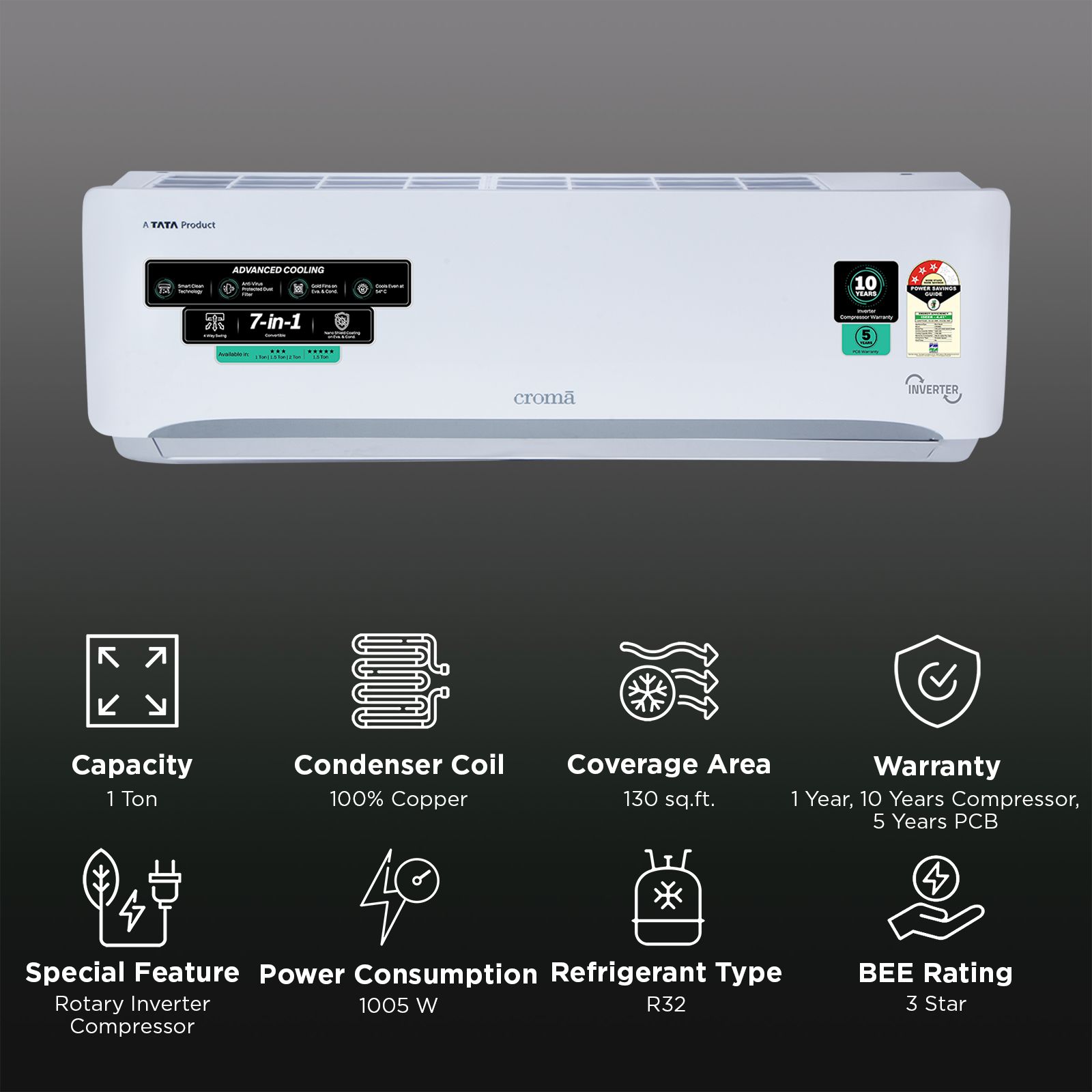 Croma 7 in 1 Convertible 1 Ton 3 Star Inverter Split AC with 4 Way Auto Swing (2026 Model, Copper Condenser, CRLA012IND342401) Croma 7 in 1 Convertible 1 Ton 3 Star Inverter Split AC with 4 Way Auto Swing (2026 Model, Copper Condenser, CRLA012IND342401)_2