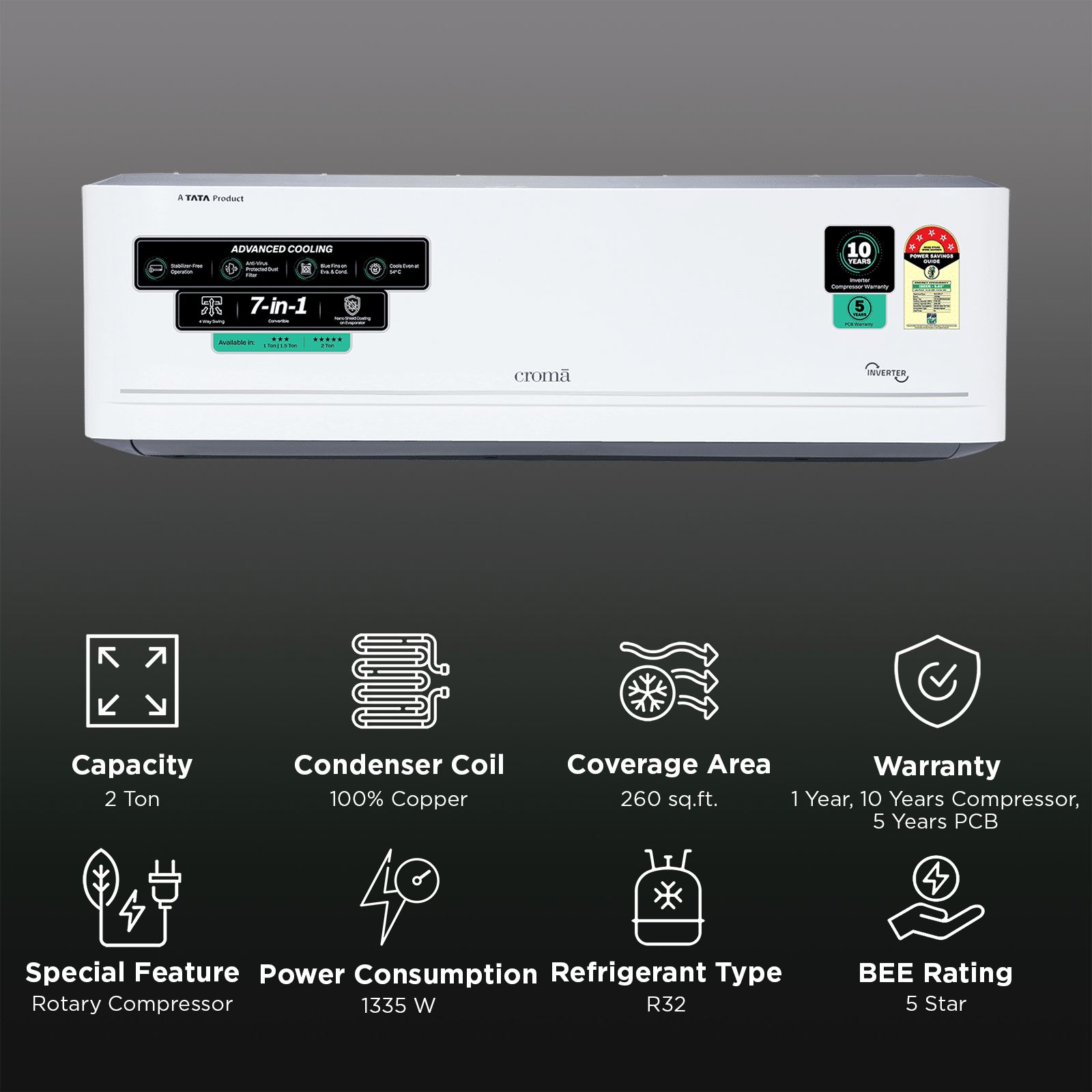Croma 7 in 1 Convertible 2 Ton 5 Star Inverter Split AC with Antivirus Protection (2026 Model, Copper Condenser) Croma 7 in 1 Convertible 2 Ton 5 Star Inverter Split AC with Antivirus Protection (2026 Model, Copper Condenser)_2