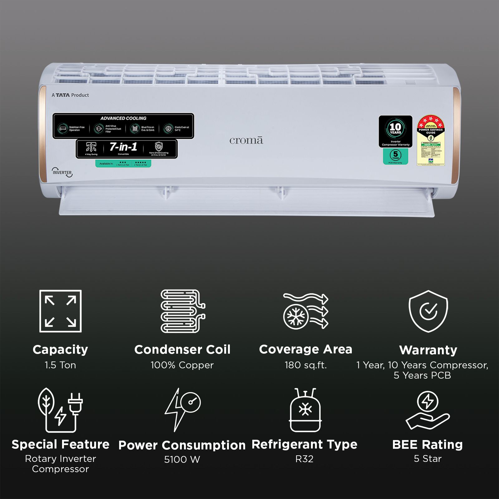 Croma 7 in 1 Convertible 1.5 Ton 5 Star Inverter Split AC with 4 Way Auto Swing (2026 Model, Copper Condenser, CRLA018INF170298) Croma 7 in 1 Convertible 1.5 Ton 5 Star Inverter Split AC with 4 Way Auto Swing (2026 Model, Copper Condenser, CRLA018INF170298)_2