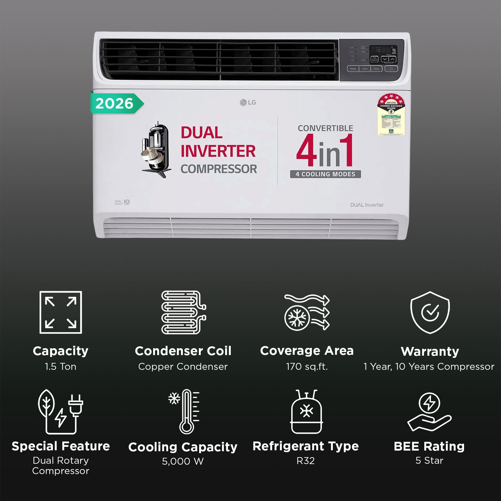 LG 4-in-1 Convertible 1.5 Ton 5 Star Window AC with Dual Rotary Compressor (Copper Condenser, AW-Q18WUZA.ASLG)_2