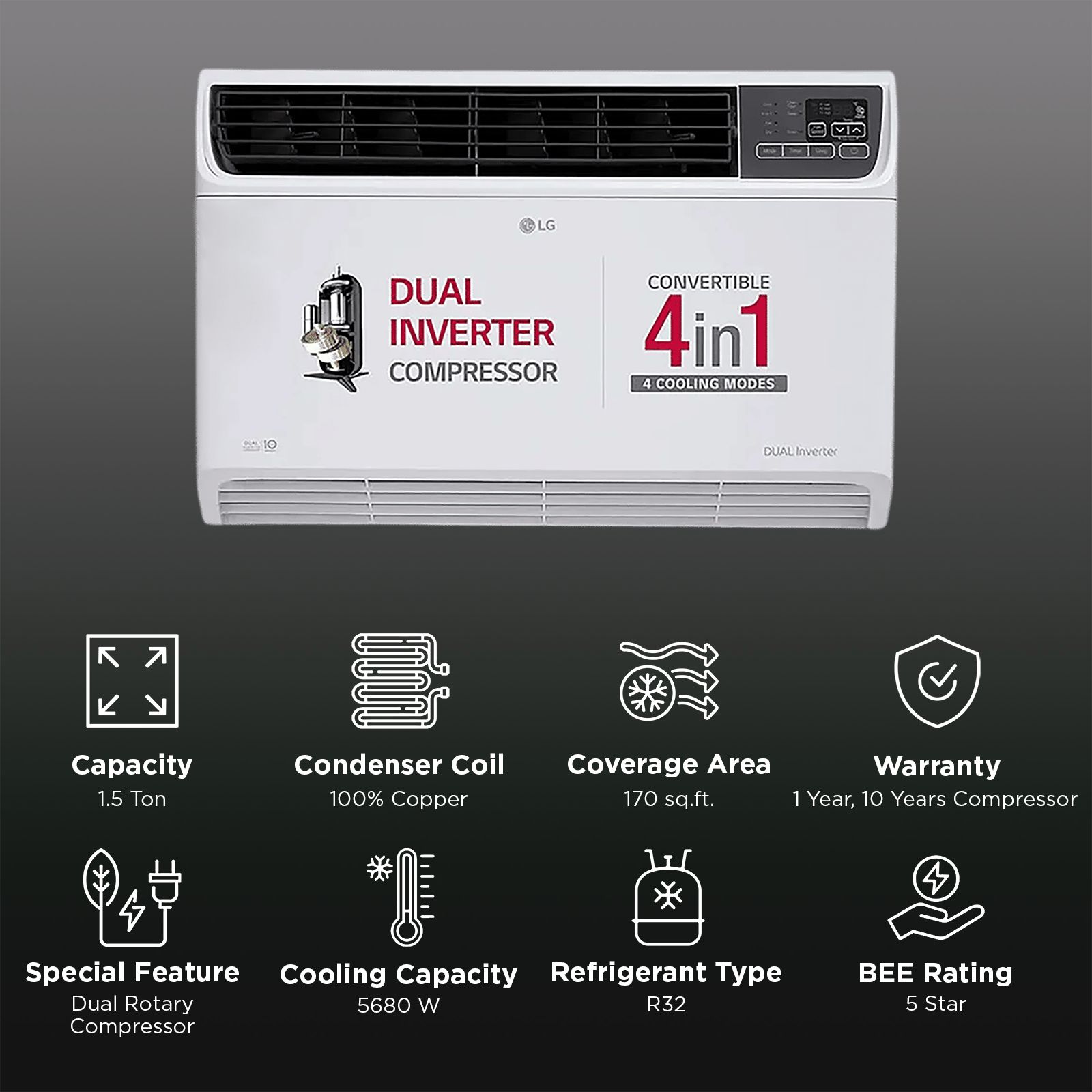 LG 4 in 1 Convertible 1.5 Ton 5 Star Inverter Window Smart AC with Energy Manager Plus (Copper Condenser, AW-Q18WWZA.ASLG)_2