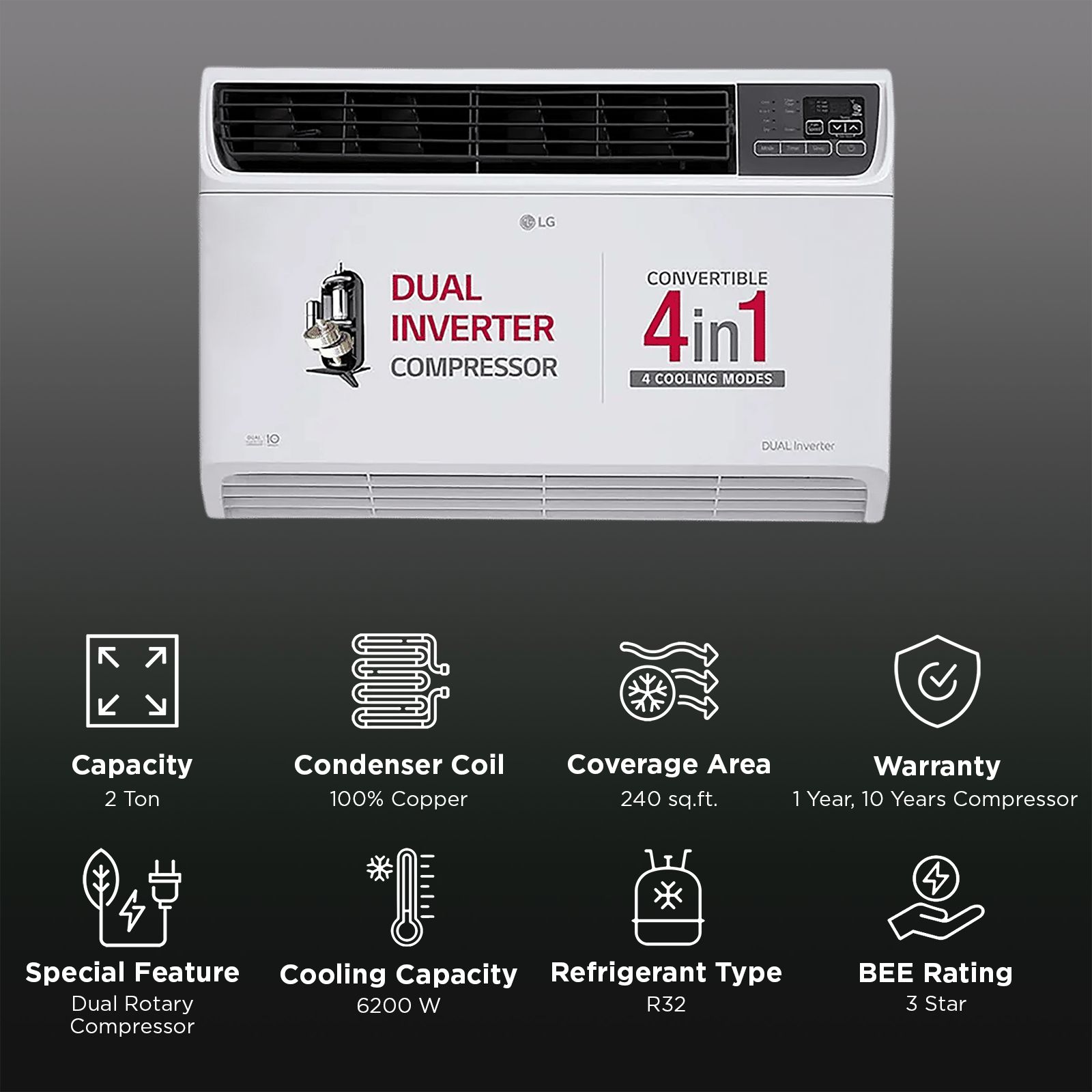 LG 4-in-1 Convertible 2 Ton 3 Star Window AC with Dual Rotary Compressor (Copper Condenser, AW-Q24WWXA.ASLG) LG 4-in-1 Convertible 2 Ton 3 Star Window AC with Dual Rotary Compressor (Copper Condenser, AW-Q24WWXA.ASLG)_2