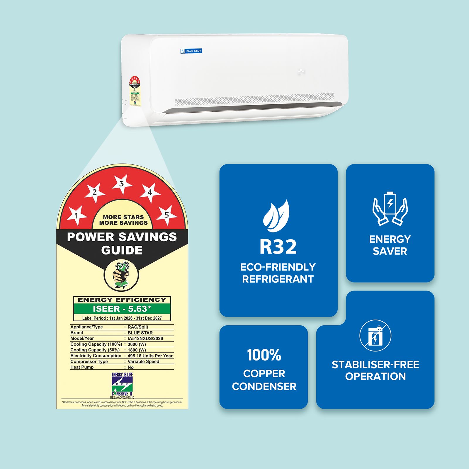 Blue Star N Series Convertible 1 Ton 5 Star Inverter Split Smart AC with Voice Command Technology (2026 Model, Copper Condenser, IA512NXUS) Blue Star N Series Convertible 1 Ton 5 Star Inverter Split Smart AC with Voice Command Technology (2026 Model, Copper Condenser, IA512NXUS)_10