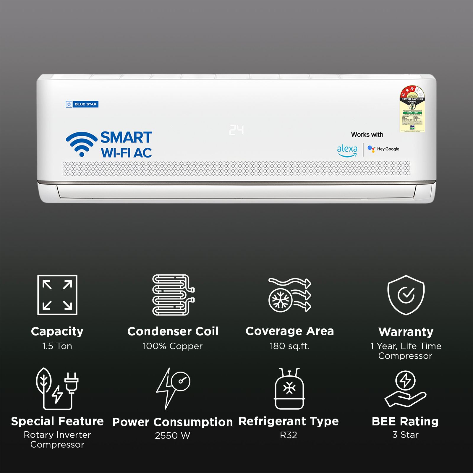 Blue Star M Series 5 in 1 Convertible 1.5 Ton 3 Star Inverter Split Smart AC with Voice Command Technology (2026 Model, Copper Condenser, IA318MXUS) Blue Star M Series 5 in 1 Convertible 1.5 Ton 3 Star Inverter Split Smart AC with Voice Command Technology (2026 Model, Copper Condenser, IA318MXUS)_2