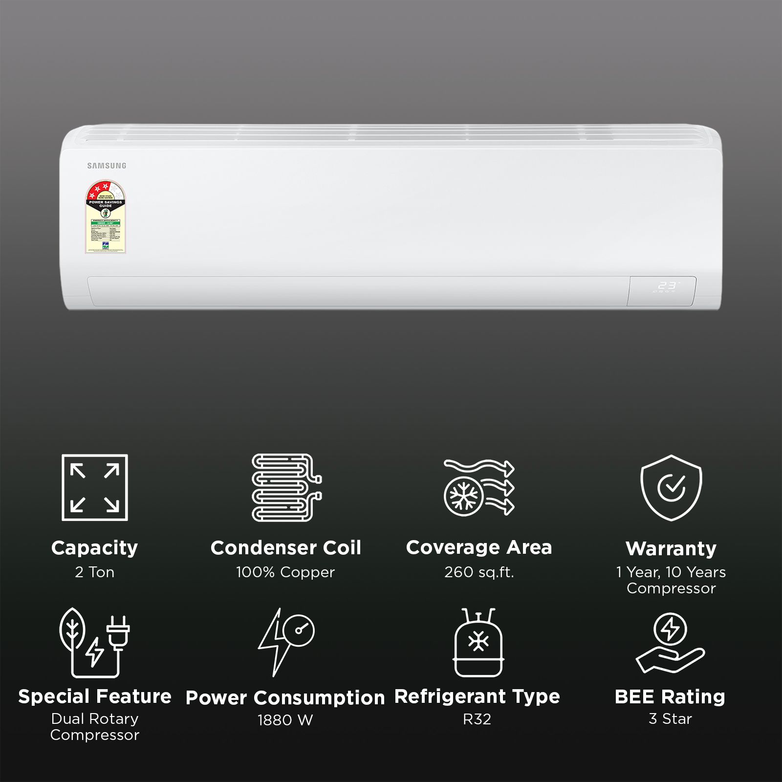 SAMSUNG AR50 5 in 1 Convertible 2 Ton 3 Star Inverter Split Smart AC with 4 Way Swing (2026 Model, Copper Condenser, AR50H24D1XH)_2