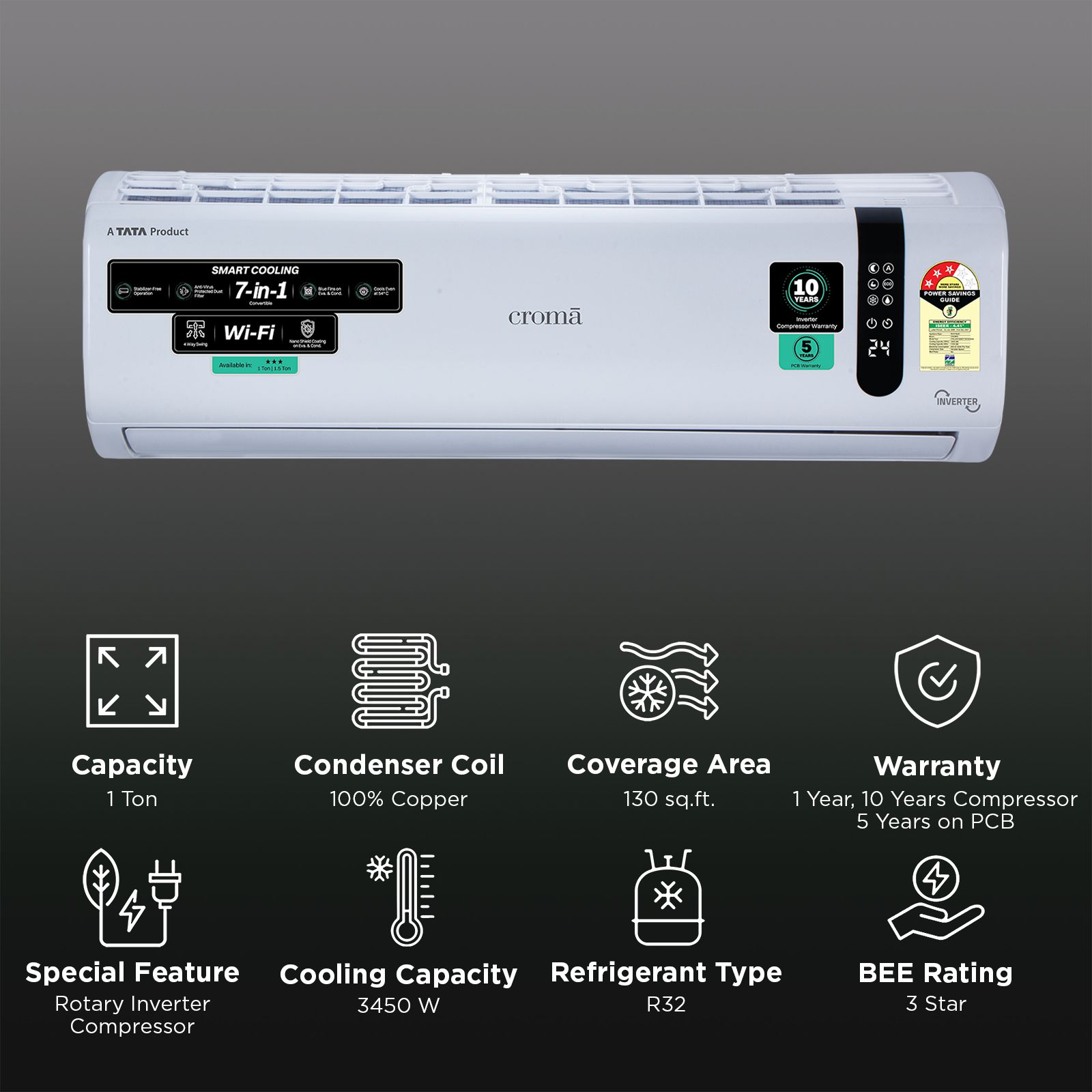 Croma 7 in 1 Convertible 1 Ton 3 Star Inverter Split Smart AC with Nano Shield and Blue Fin Protection (2026 Model, Copper Condenser, CRLAS12IND170210) Croma 7 in 1 Convertible 1 Ton 3 Star Inverter Split Smart AC with Nano Shield and Blue Fin Protection (2026 Model, Copper Condenser, CRLAS12IND170210)_2