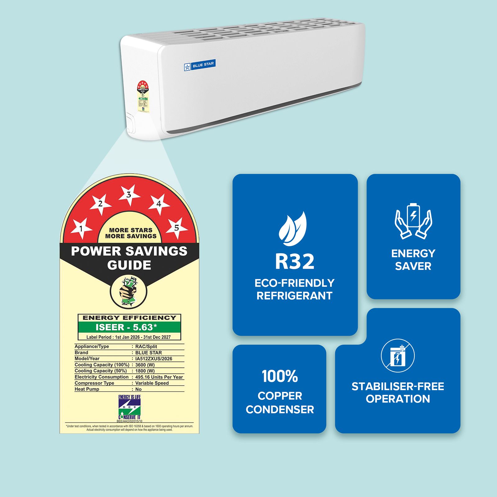 Blue Star Z Series 5 in 1 Convertible 1 Ton 5 Star Inverter Split Smart AC with Voice Command Technology (2026 Model, Copper Condenser, IA512ZXUS)_17