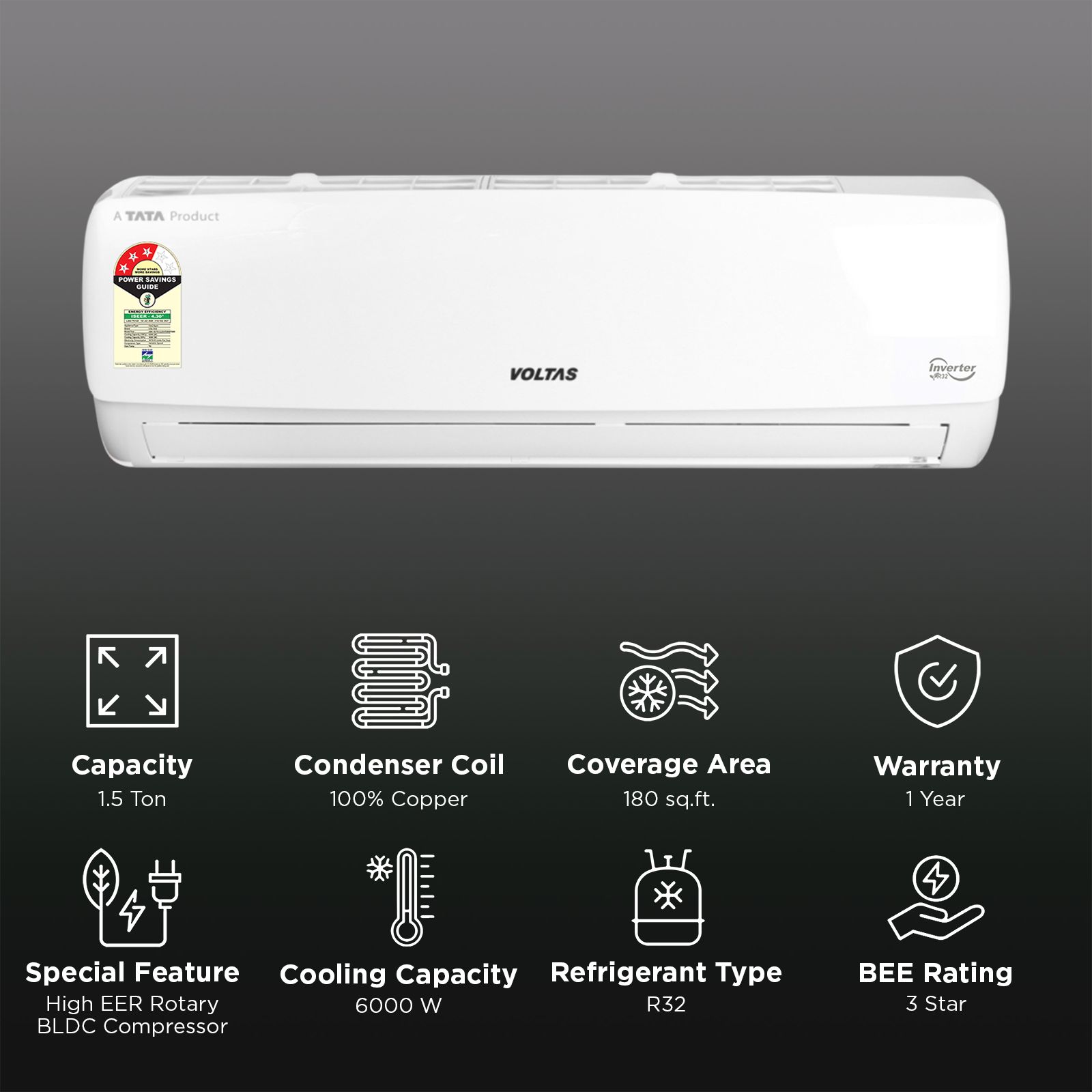 VOLTAS 243INV VECTRA ELEGANT Convertible 2 Ton 3 Star Inverter Split AC With 5 Step Adjustable (Copper Condenser, 4504077) VOLTAS 243INV VECTRA ELEGANT Convertible 2 Ton 3 Star Inverter Split AC With 5 Step Adjustable (Copper Condenser, 4504077)_2