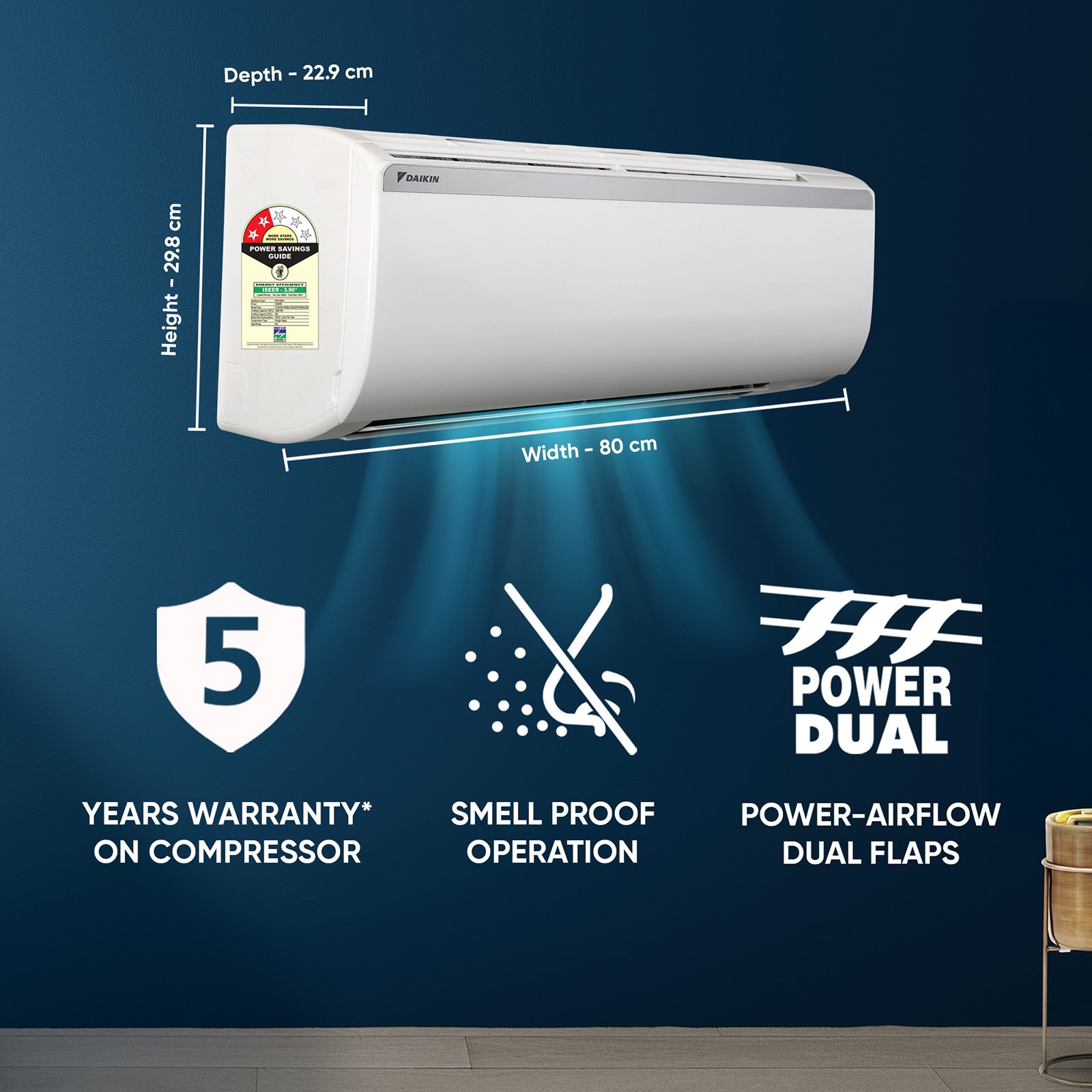 DAIKIN 0.8 Ton 2 Star Split AC (Copper Condenser, PM 2.5 Filter, FTQ28XV16WBA)_8