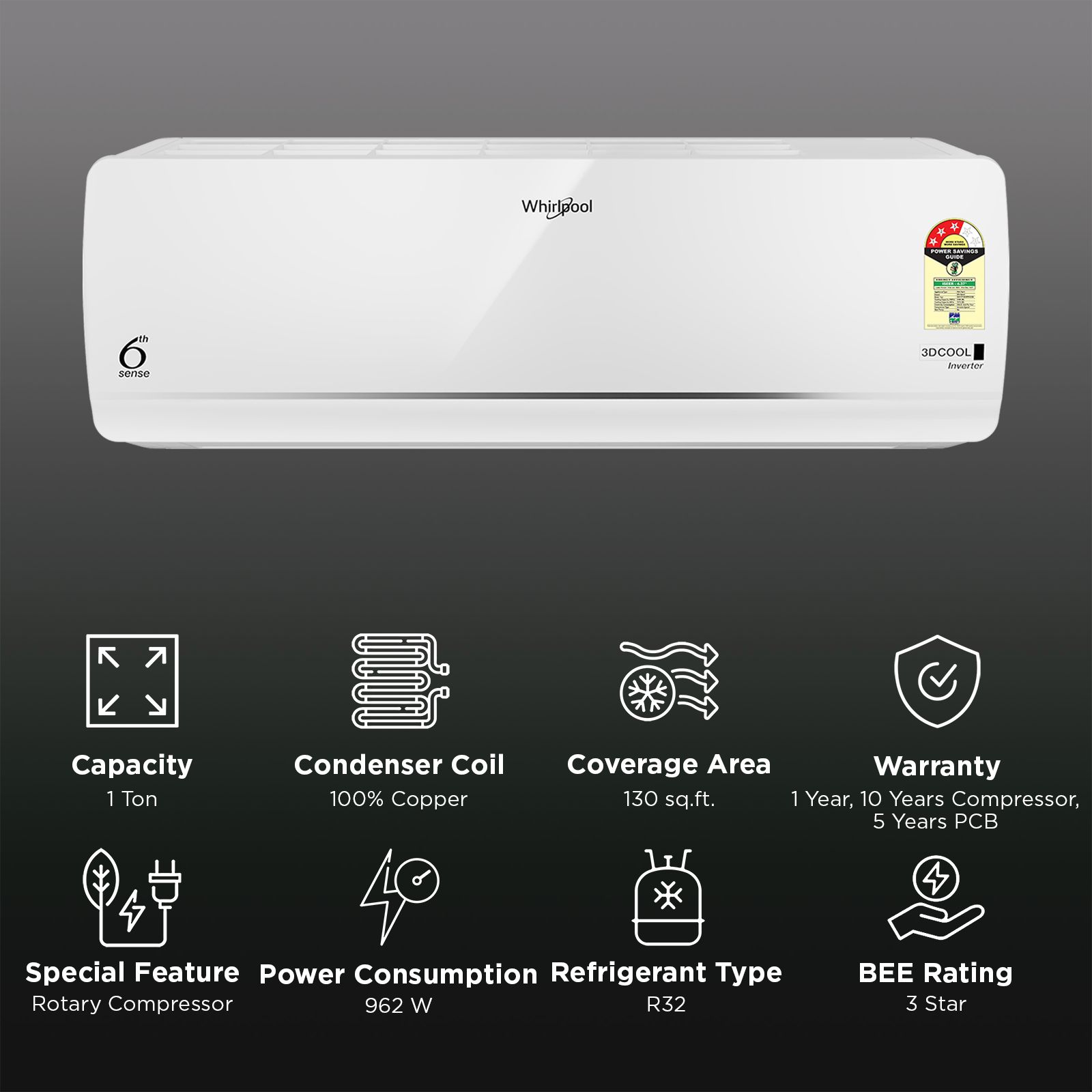 Whirlpool 3D Cool 5 in 1 Convertible 1 Ton 3 Star Inverter Split AC with 6th Sense Technology (2026 Model, Copper Condenser, 41499) Whirlpool 3D Cool 5 in 1 Convertible 1 Ton 3 Star Inverter Split AC with 6th Sense Technology (2026 Model, Copper Condenser, 41499)_2
