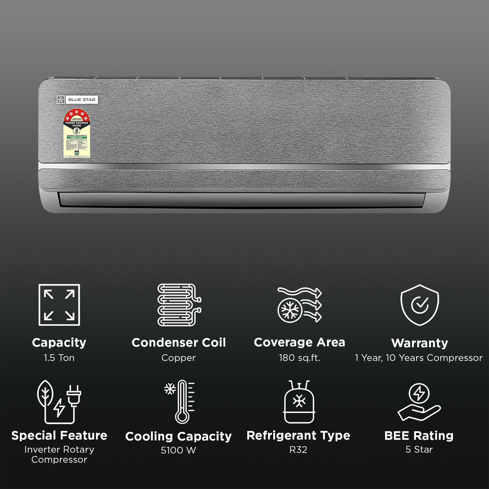 Blue Star I Series 5 in 1 Convertible 1.5 Ton 5 Star Inverter Split Smart AC with Voice Command Technology (2026 Model, Copper Condenser, IA518IXUS) Blue Star I Series 5 in 1 Convertible 1.5 Ton 5 Star Inverter Split Smart AC with Voice Command Technology (2026 Model, Copper Condenser, IA518IXUS)_2