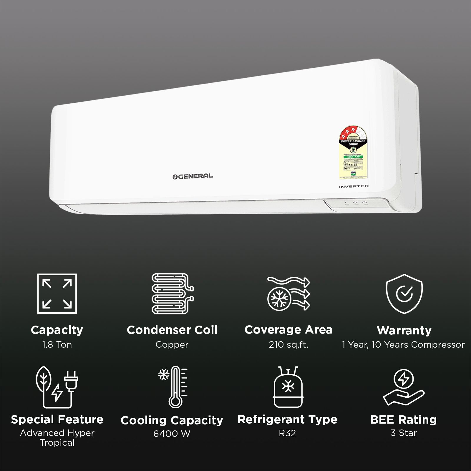 O GENERAL Advance Hyper Tropical 1.8 Ton 3 Star Inverter Split AC with Self Diagnostics (2026 Model, Copper Condenser, ASGG22CNWA-B) O GENERAL Advance Hyper Tropical 1.8 Ton 3 Star Inverter Split AC with Self Diagnostics (2026 Model, Copper Condenser, ASGG22CNWA-B)_2
