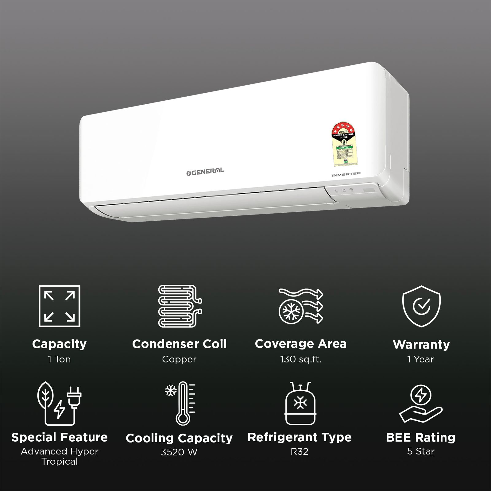 O GENERAL Advance Hyper Tropical 1 Ton 5 Star Inverter Split AC (2026 Model, Copper Condenser, ASGG12CGAB-B) O GENERAL Advance Hyper Tropical 1 Ton 5 Star Inverter Split AC (2026 Model, Copper Condenser, ASGG12CGAB-B)_2