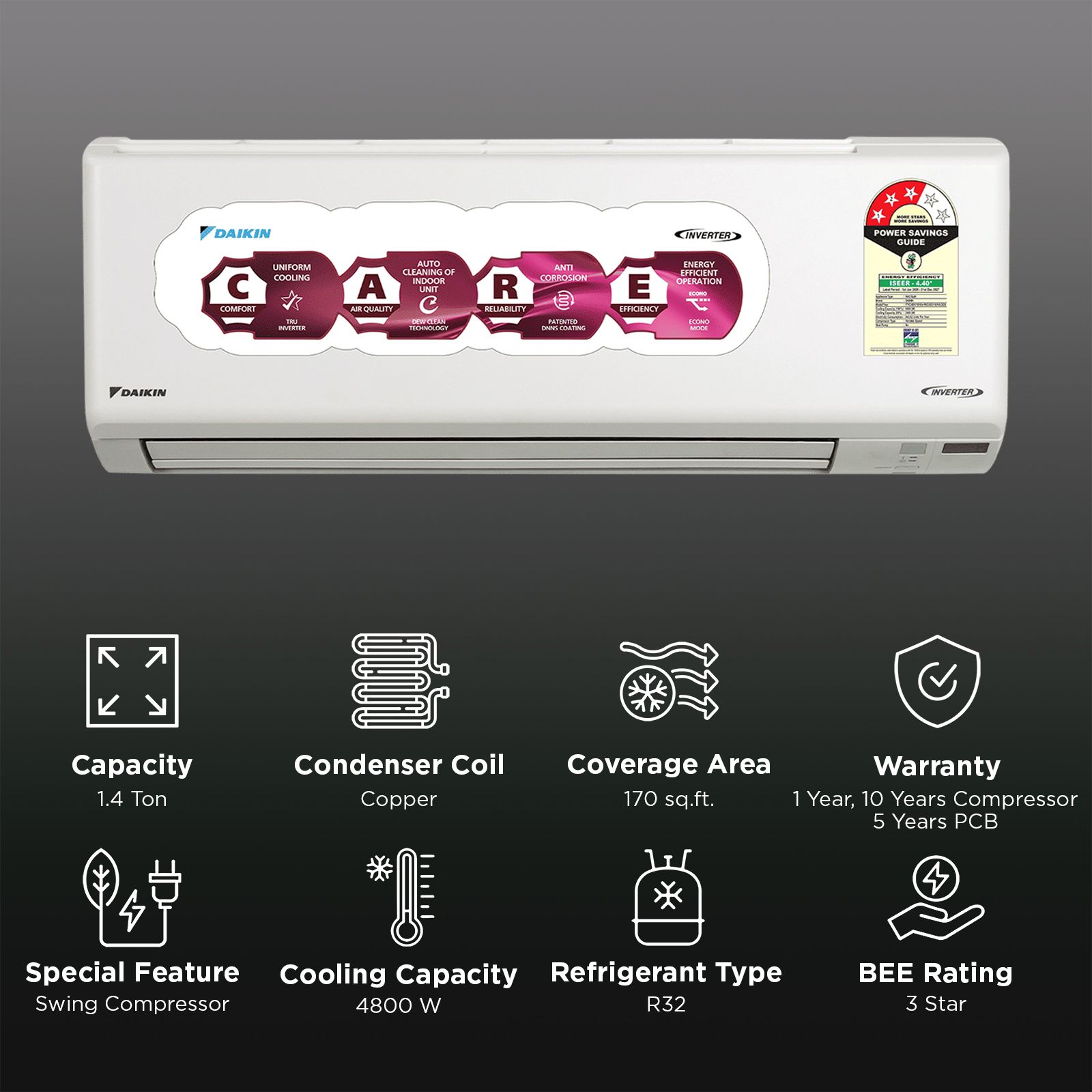 DAIKIN 1.4 Ton 3 Star Inverter Split AC (Copper Condenser, Anti Bacterial Coated Prefilter, FTKC48XV16)_2