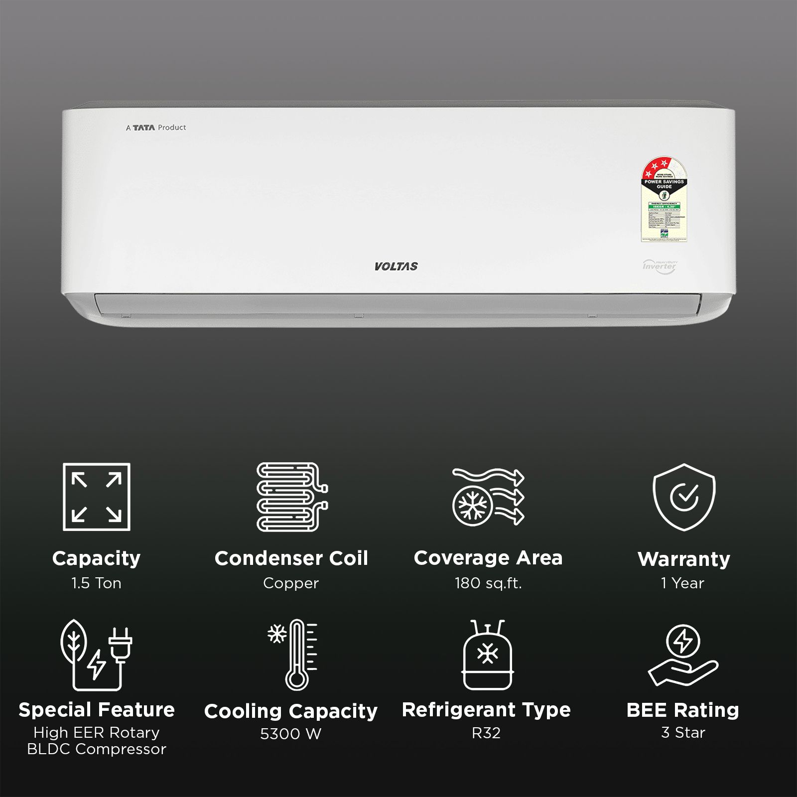 VOLTAS Venus 6 in 1 Convertible 1.5 Ton 3 Star Inverter Split AC with Hidden Display (Copper Condenser, 4504076) VOLTAS Venus 6 in 1 Convertible 1.5 Ton 3 Star Inverter Split AC with Hidden Display (Copper Condenser, 4504076)_2