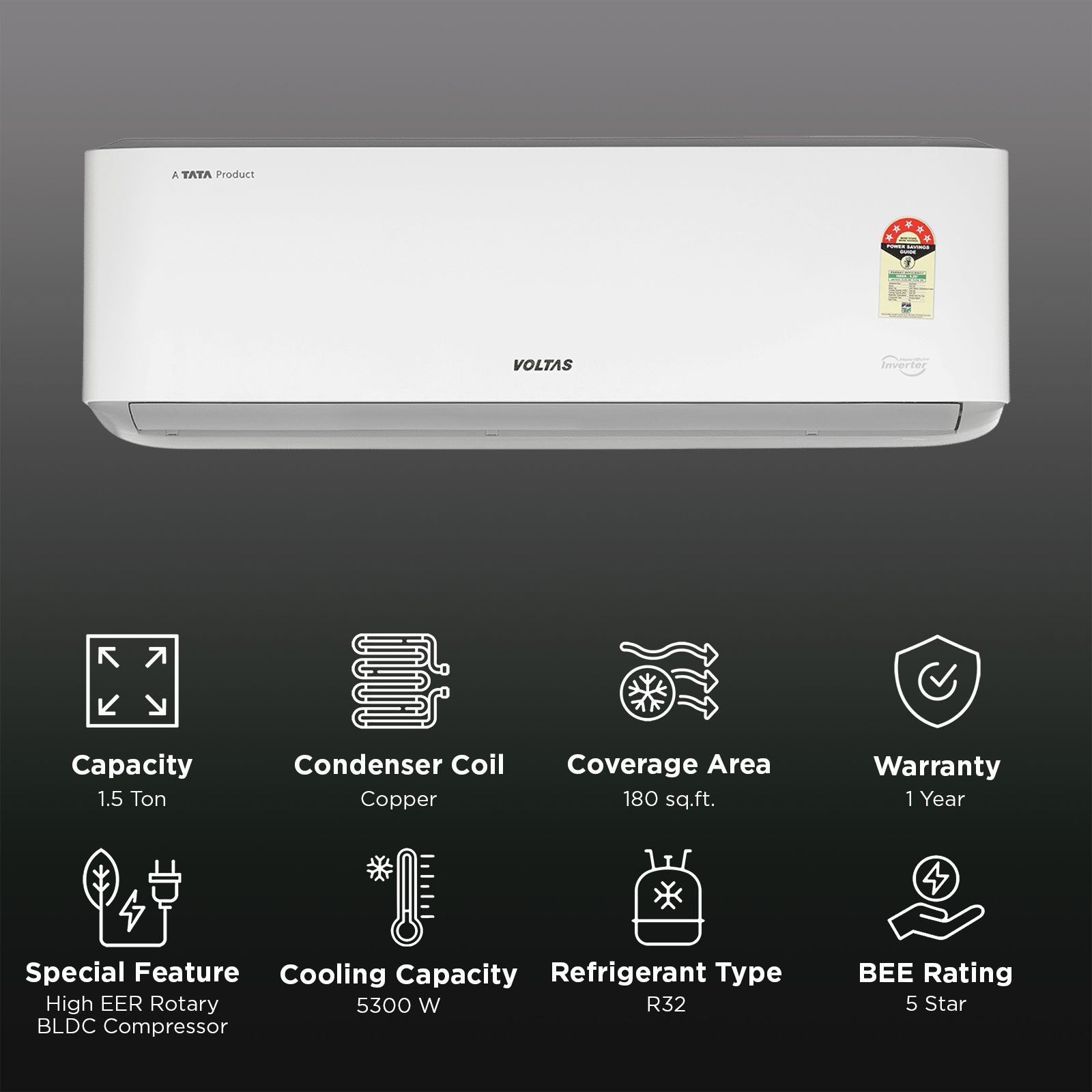 VOLTAS Venus 6 in 1 Convertible 1.5 Ton 5 Star Inverter Split AC with Hidden Display (2026 Model, Copper Condenser, 4504068) VOLTAS Venus 6 in 1 Convertible 1.5 Ton 5 Star Inverter Split AC with Hidden Display (2026 Model, Copper Condenser, 4504068)_2