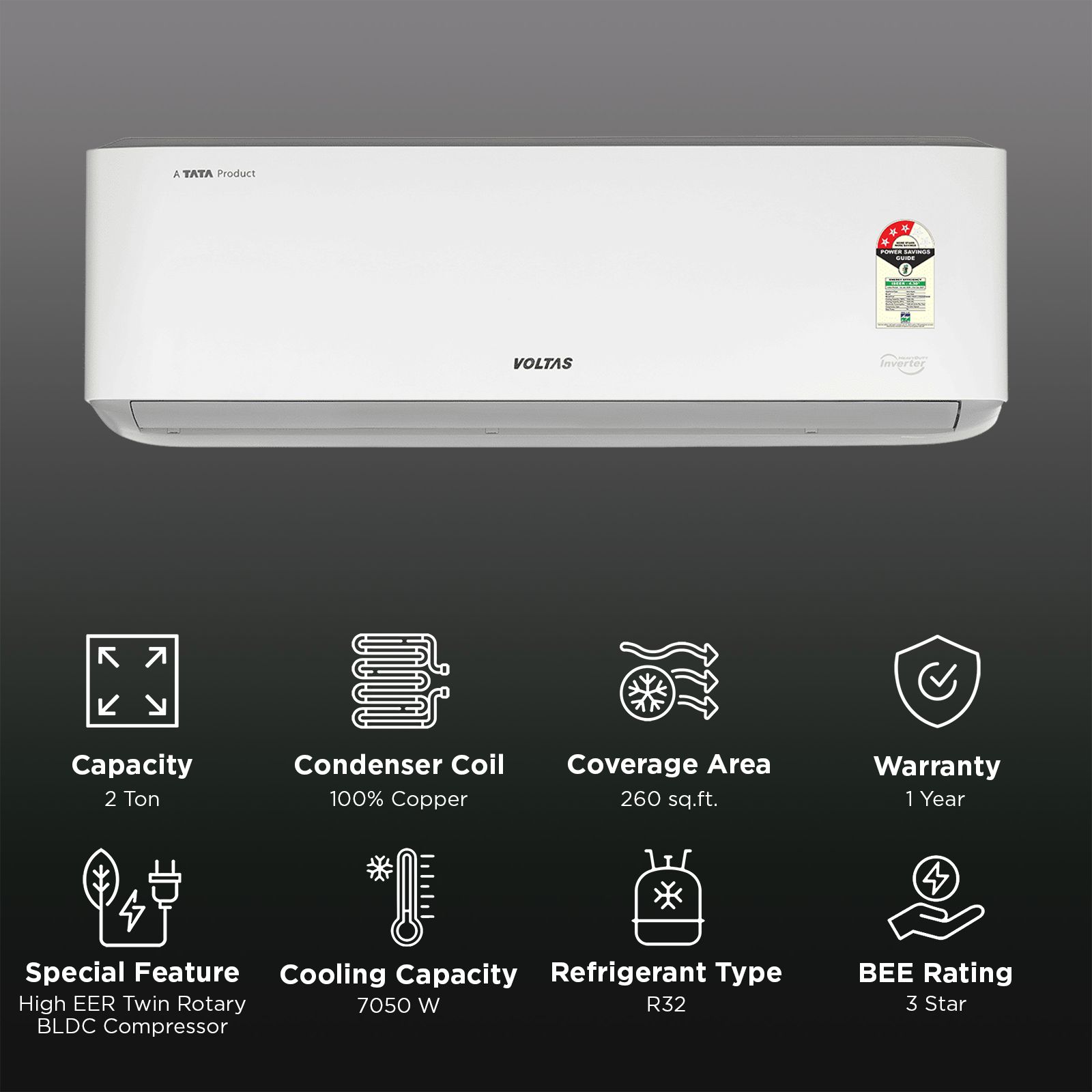 VOLTAS Venus 6 in 1 Convertible 2 Ton 3 Star Inverter Split AC with Hidden Display (2026 Model, Copper Condenser, 4504078)_2