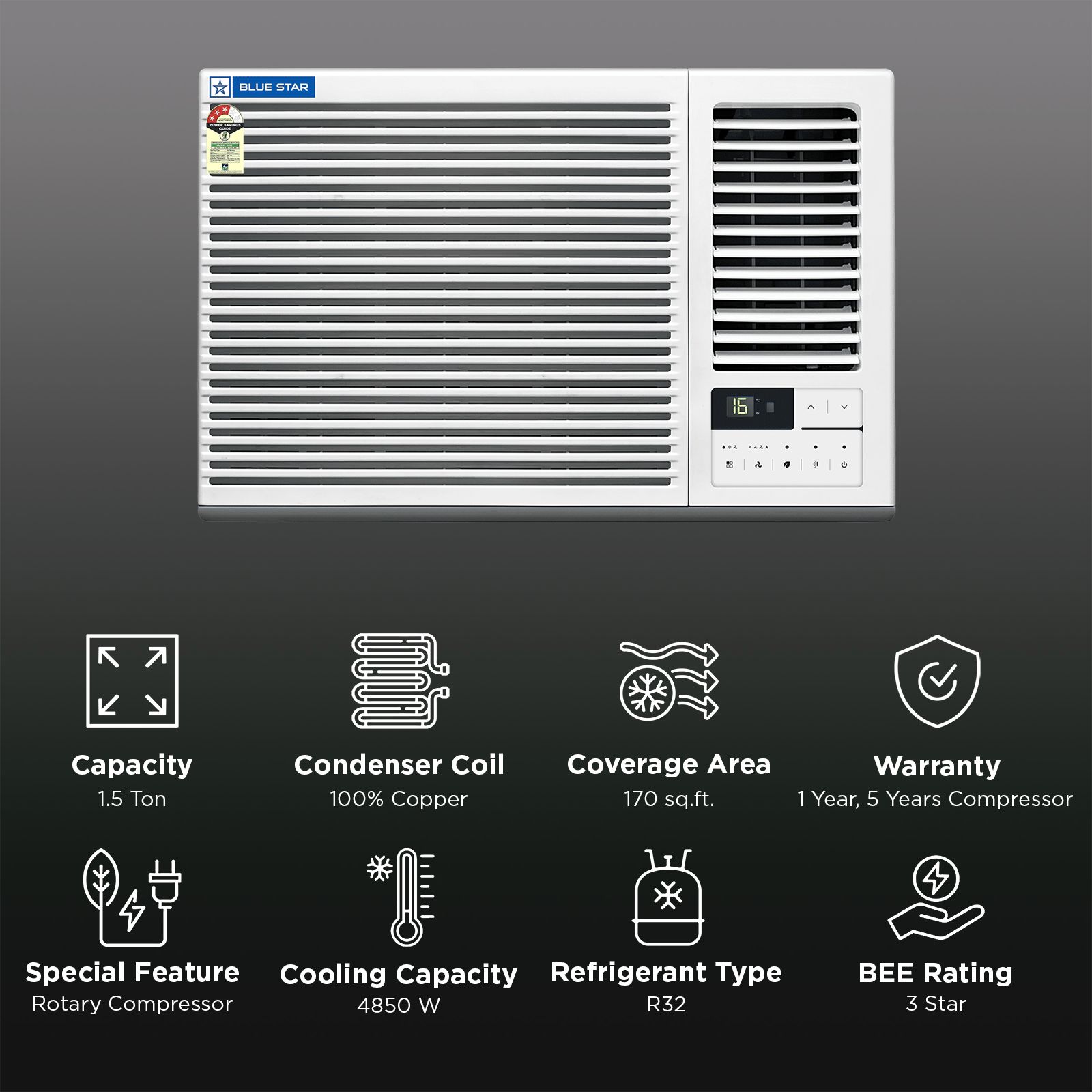 Blue Star 1.5 Ton 3 Star Fixed Speed Window AC (2026 Model, Copper Condenser, WFA318GXU) Blue Star 1.5 Ton 3 Star Fixed Speed Window AC (2026 Model, Copper Condenser, WFA318GXU)_2