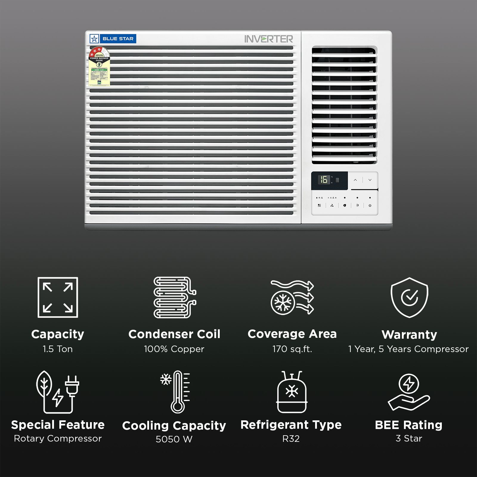 Blue Star 5 in 1 Convertible 1.5 Ton 3 Star Inverter Window AC with Humidity Control (2026 Model, Copper Condenser, WIA318GXU) Blue Star 5 in 1 Convertible 1.5 Ton 3 Star Inverter Window AC with Humidity Control (2026 Model, Copper Condenser, WIA318GXU)_2