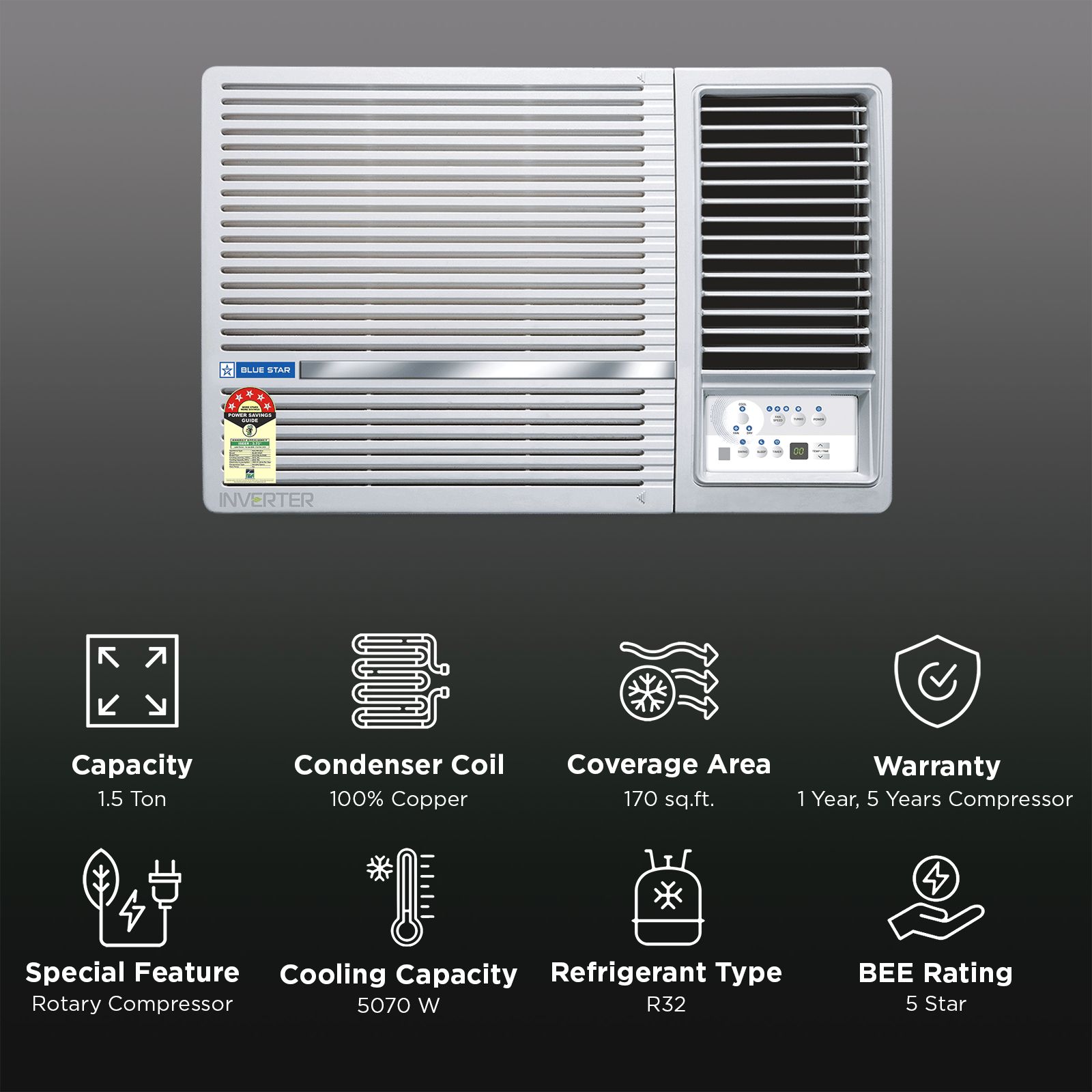 Blue Star 5 in 1 Convertible 1.5 Ton 5 Star Inverter Window AC with Humidity Control (2026 Model, Copper Condenser, WIA518LXU) Blue Star 5 in 1 Convertible 1.5 Ton 5 Star Inverter Window AC with Humidity Control (2026 Model, Copper Condenser, WIA518LXU)_2