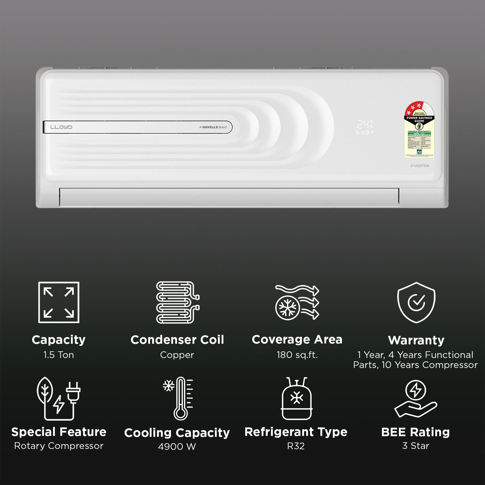 LLOYD 6 in 1 Convertible 1.5 Ton 3 Star Inverter Split AC with Ice Clean (Copper Condenser, GLS18I3ASHSW) LLOYD 6 in 1 Convertible 1.5 Ton 3 Star Inverter Split AC with Ice Clean (Copper Condenser, GLS18I3ASHSW)_2
