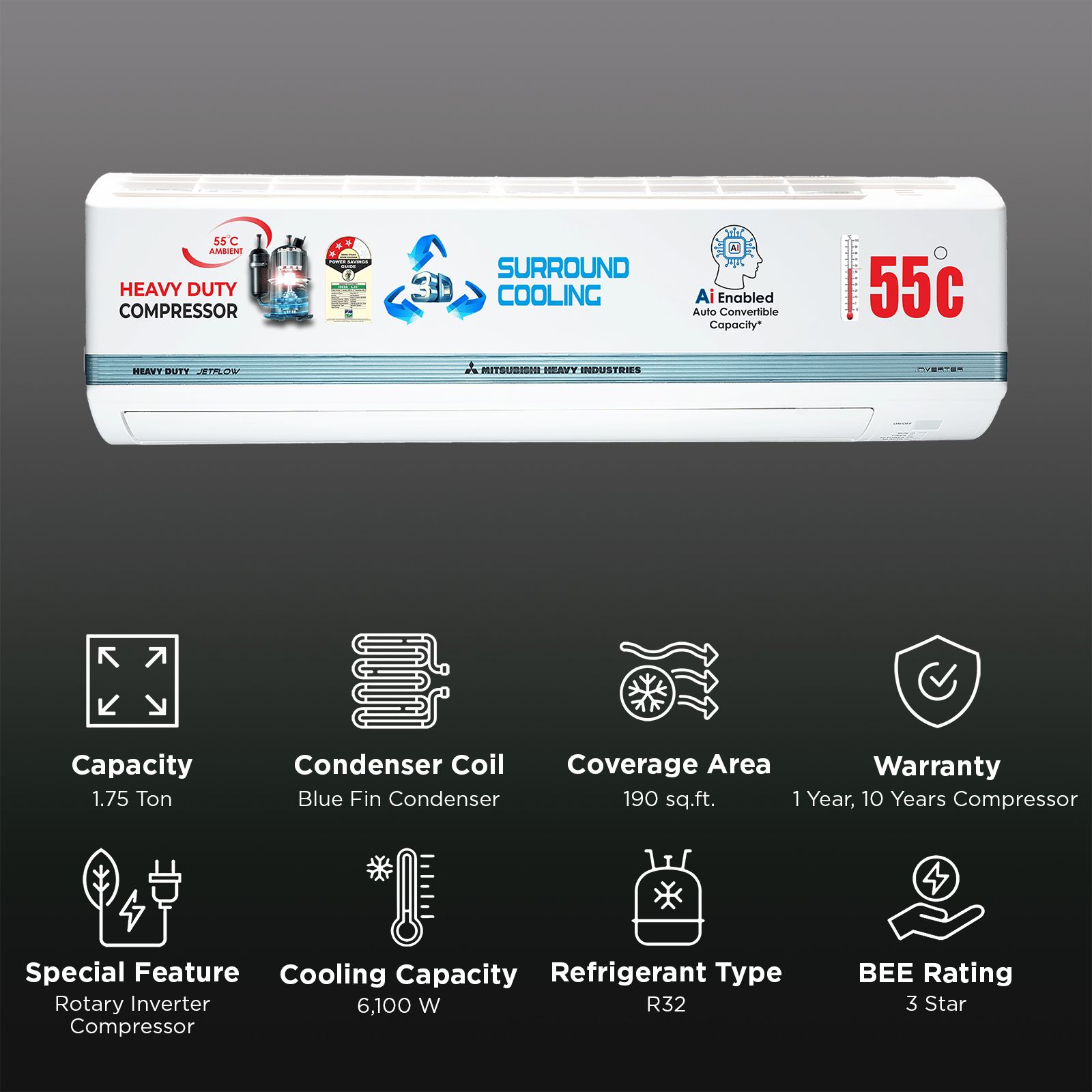 MITSUBISHI HEAVY Desert Xtreme Kooling - JETTA 1.75 Ton 3 Star Inverter Split AC (2026 Model, Blue Fin Condenser, Nano PM-2.5 Filter, DXK21YAMDA-W)_2
