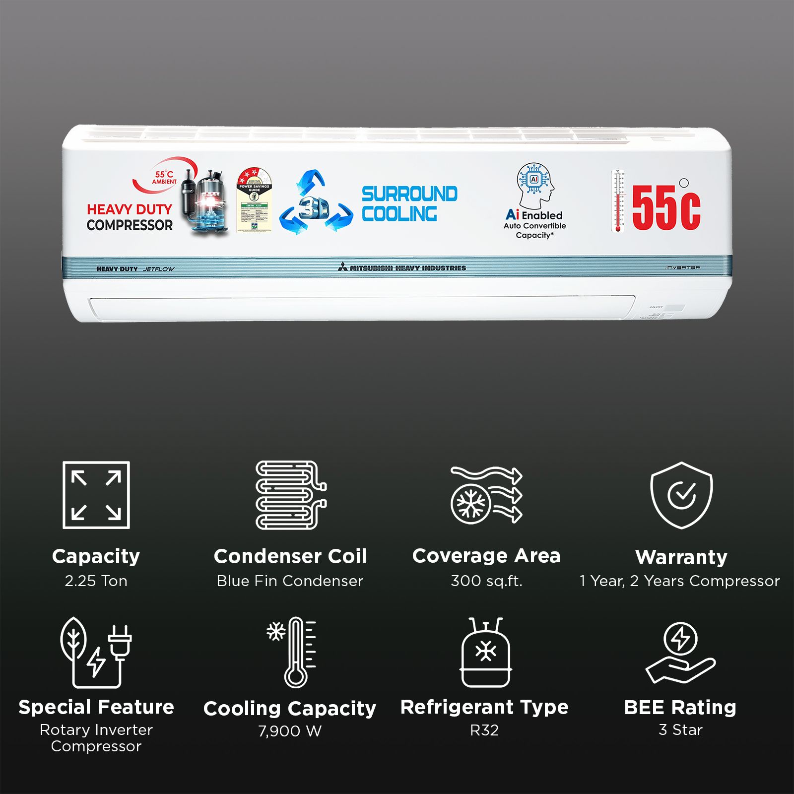 MITSUBISHI HEAVY Desert Xtreme Kooling - JETTA 2.25 Ton 3 Star Inverter Split AC (2026 Model, Blue Fin Condenser, Nano PM-2.5 Filter, DXK27YAMDA-W)_2