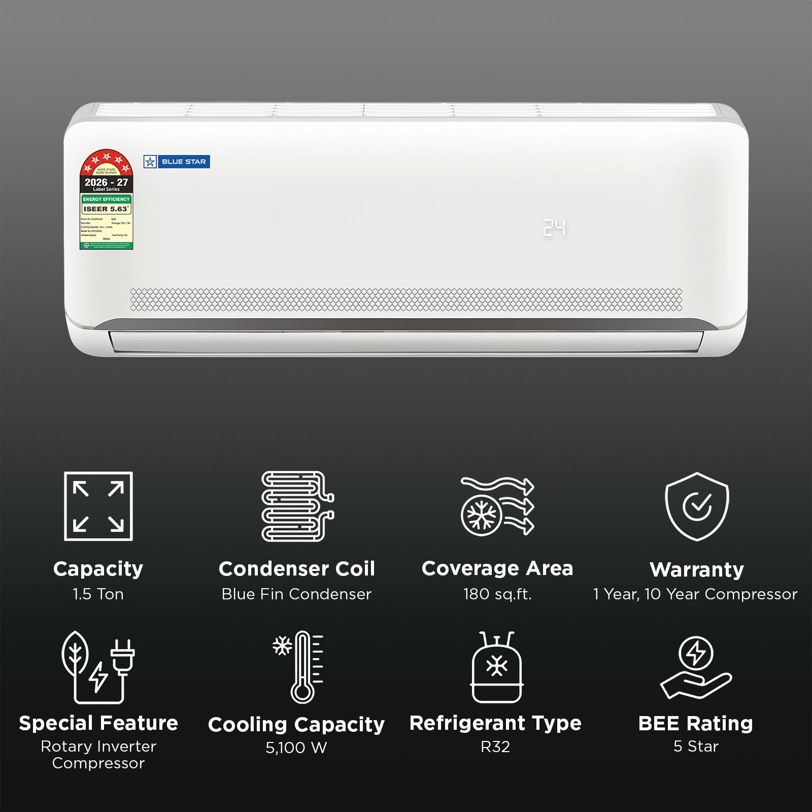 Blue Star N Series 5 in 1 Convertible 1.5 Ton 5 Star Inverter Split AC with Turbo Cool (2026 Model, Blue Fin Condenser, IC518NXU) Blue Star N Series 5 in 1 Convertible 1.5 Ton 5 Star Inverter Split AC with Turbo Cool (2026 Model, Blue Fin Condenser, IC518NXU)_2
