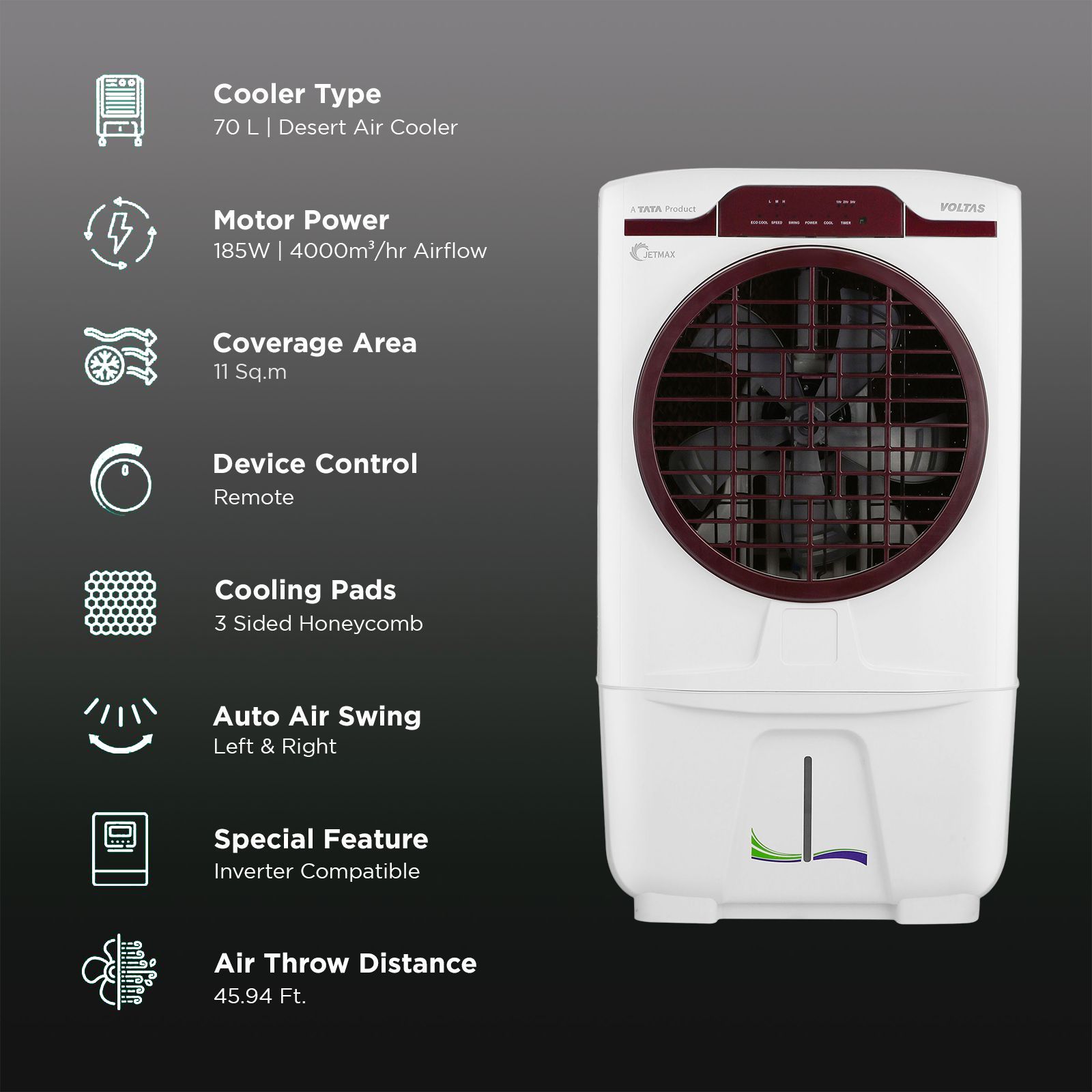 VOLTAS JetMax T 70 Litres Desert Air Cooler with Turbo Air Throw (Smart Humidity Control, White & Burgundy) VOLTAS JetMax T 70 Litres Desert Air Cooler with Turbo Air Throw (Smart Humidity Control, White & Burgundy)_3