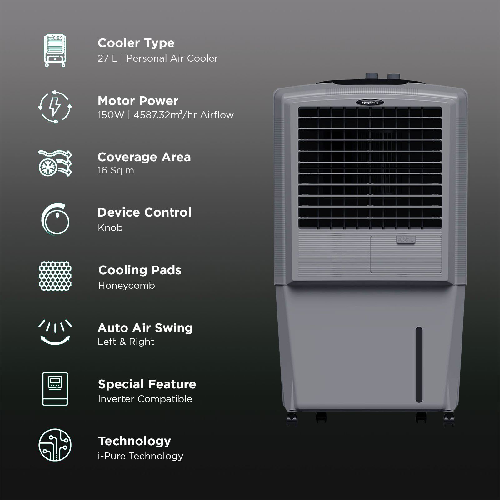 Symphony HiFlo 27 Litres Room Air Cooler with i-Pure Technology (Cool Flow Dispenser, Grey) Symphony HiFlo 27 Litres Room Air Cooler with i-Pure Technology (Cool Flow Dispenser, Grey)_3