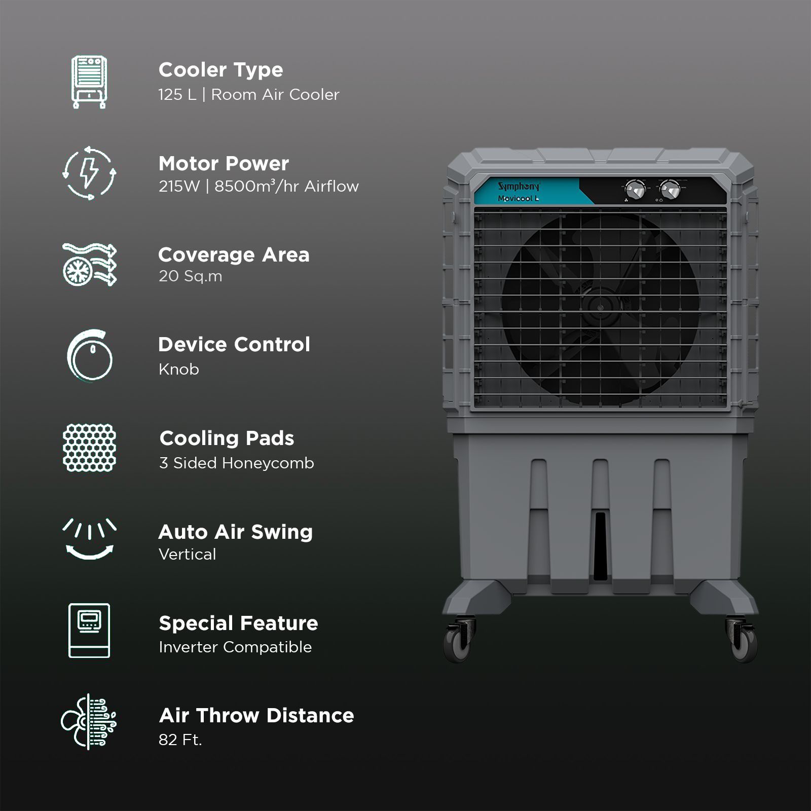 Symphony Movicool L125 125 Litres Commercial Air Cooler with Whisper-Quiet Operation (Cool Flow Dispenser, Dark Grey) Symphony Movicool L125 125 Litres Commercial Air Cooler with Whisper-Quiet Operation (Cool Flow Dispenser, Dark Grey)_3