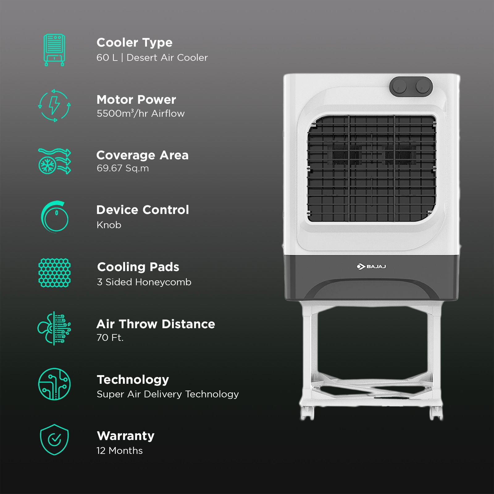 BAJAJ 60 Litres Desert Air Cooler with Typhoon Blower Technology (Anti Bacterial Technology, White & Grey) BAJAJ 60 Litres Desert Air Cooler with Typhoon Blower Technology (Anti Bacterial Technology, White & Grey)_3