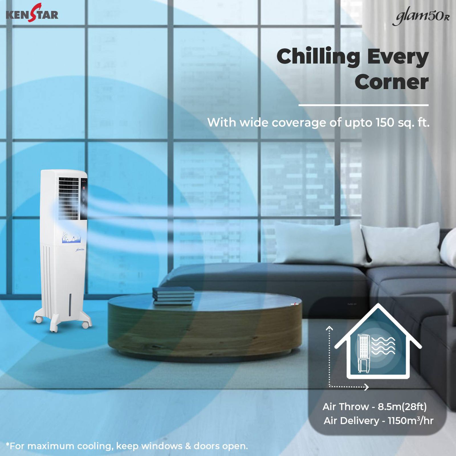 KENSTAR Glam HC RE 50 Litres Tower Air Cooler with Quadraflow Technology (Inverter Compatible, White)_11