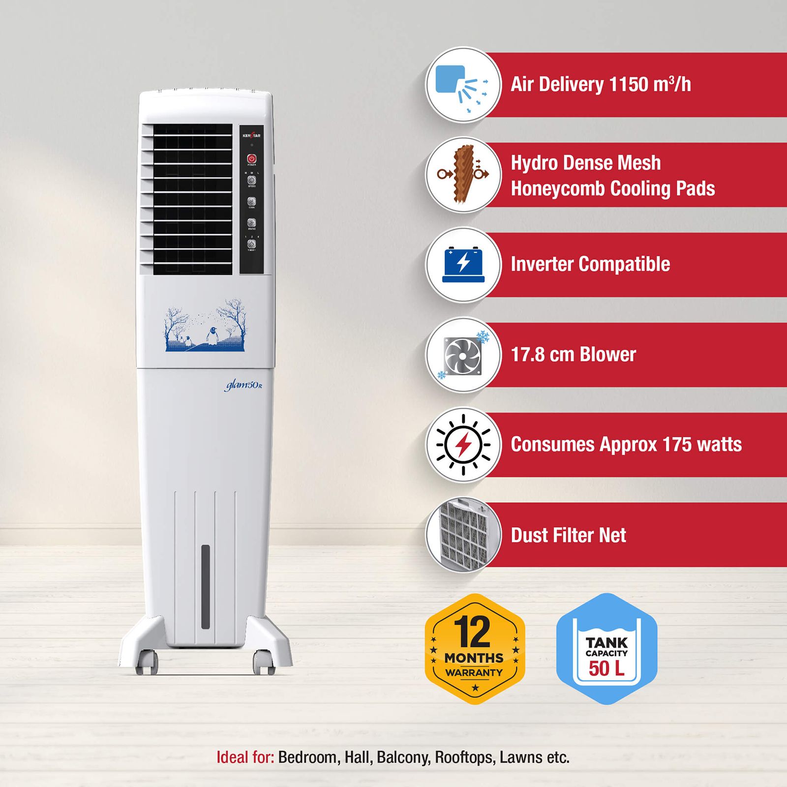 KENSTAR Glam HC RE 50 Litres Tower Air Cooler with Quadraflow Technology (Inverter Compatible, White)_12